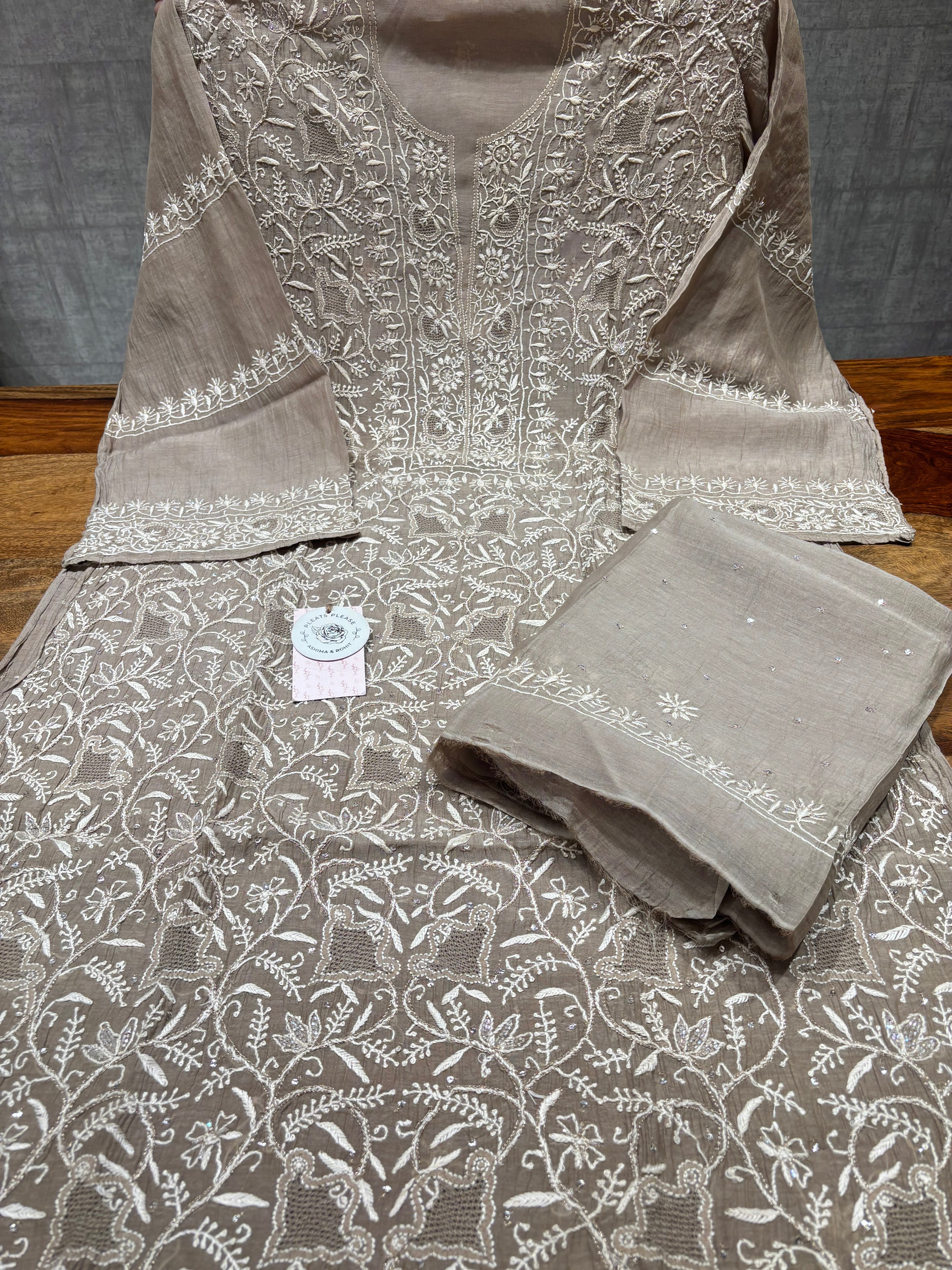 Mocha Mousse Chanderi Mul Chikankari Kurta & Dupatta Set