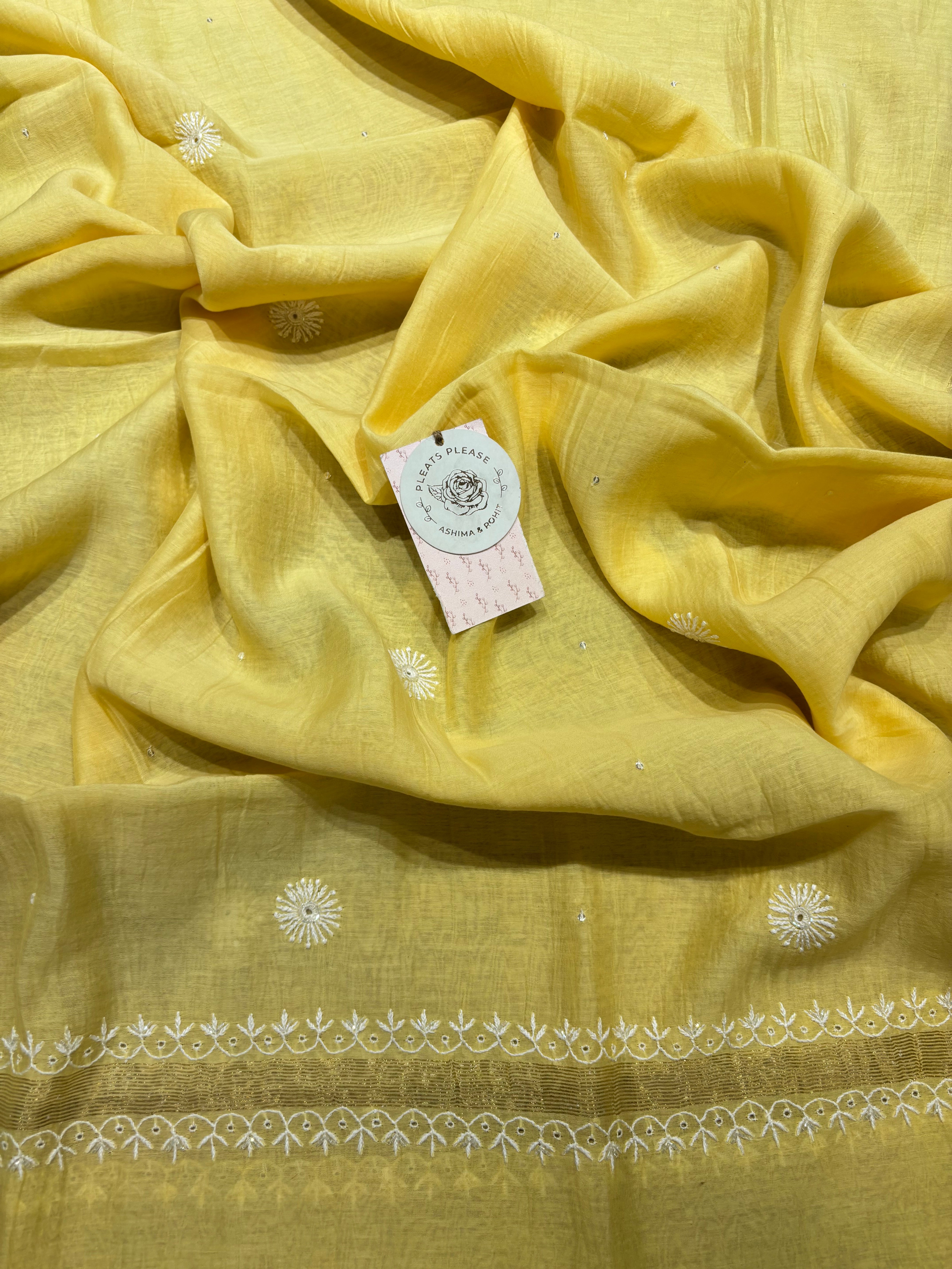 Yellow Chanderi Mul Chikankari Kurta and Dupatta Set
