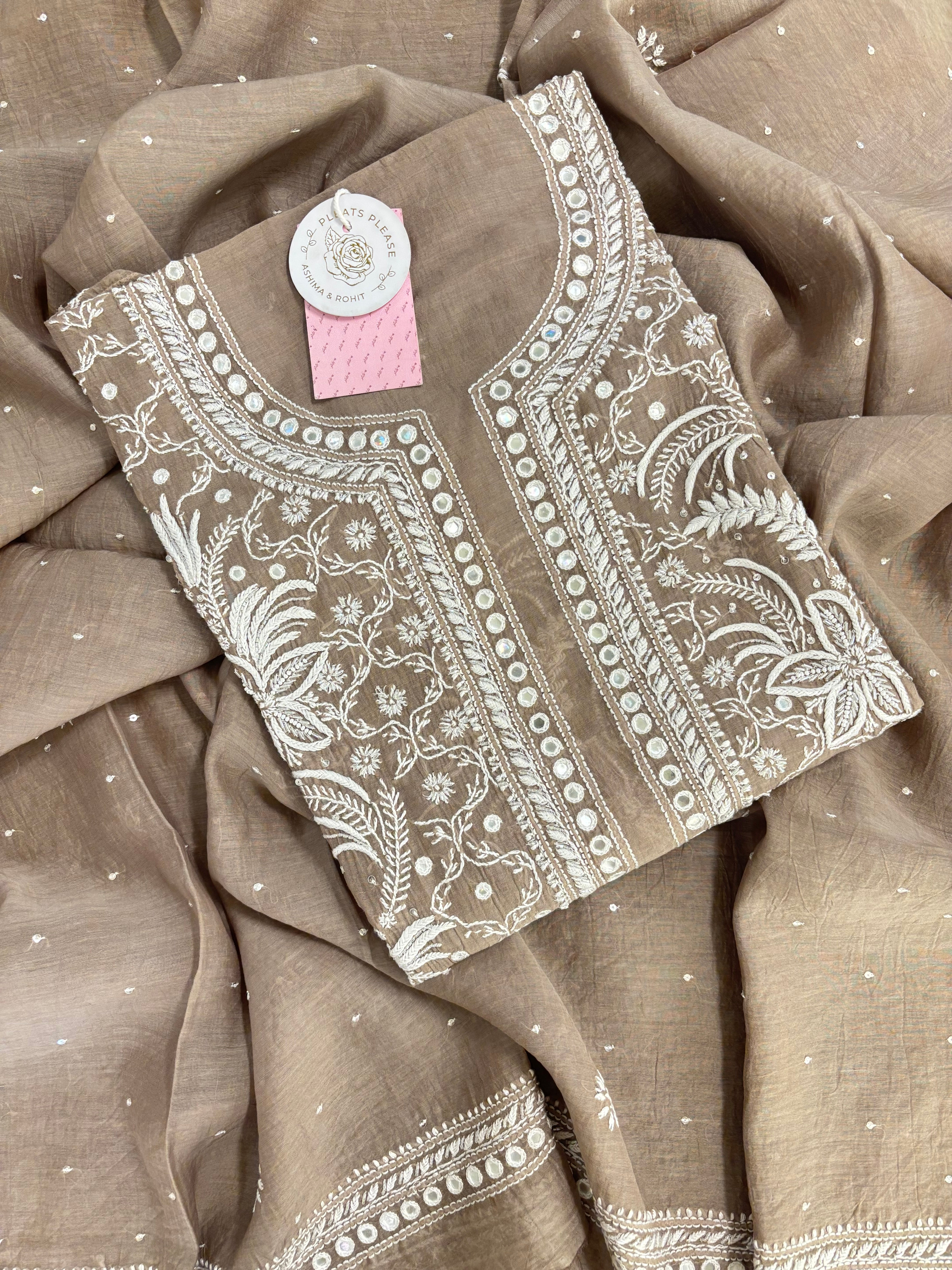 Camel Brown Chanderi Mul Mirror Chikankari Kurta & Dupatta