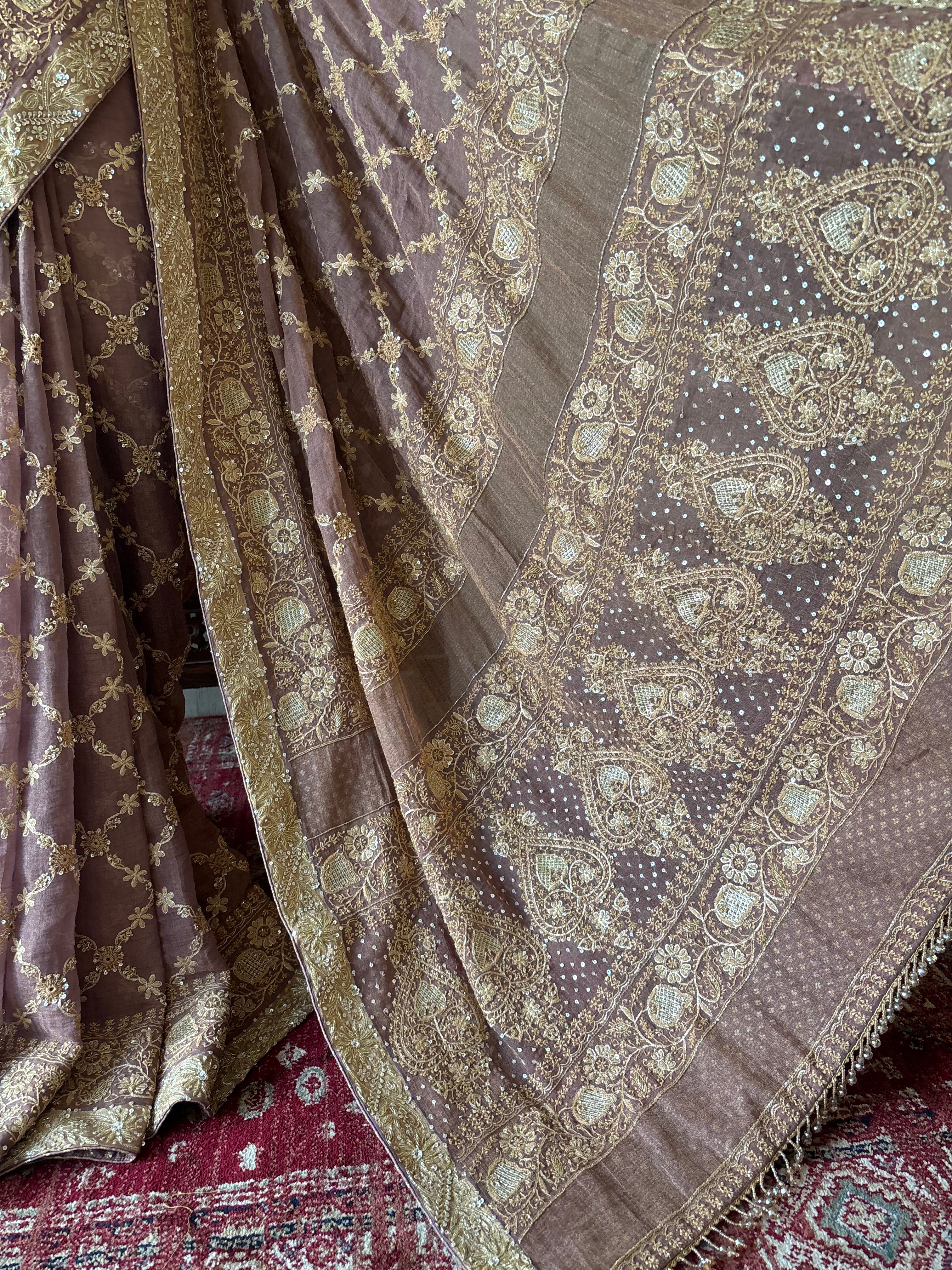 Garnet Pure & Premium Tissue Chikankari Saree and Blouse