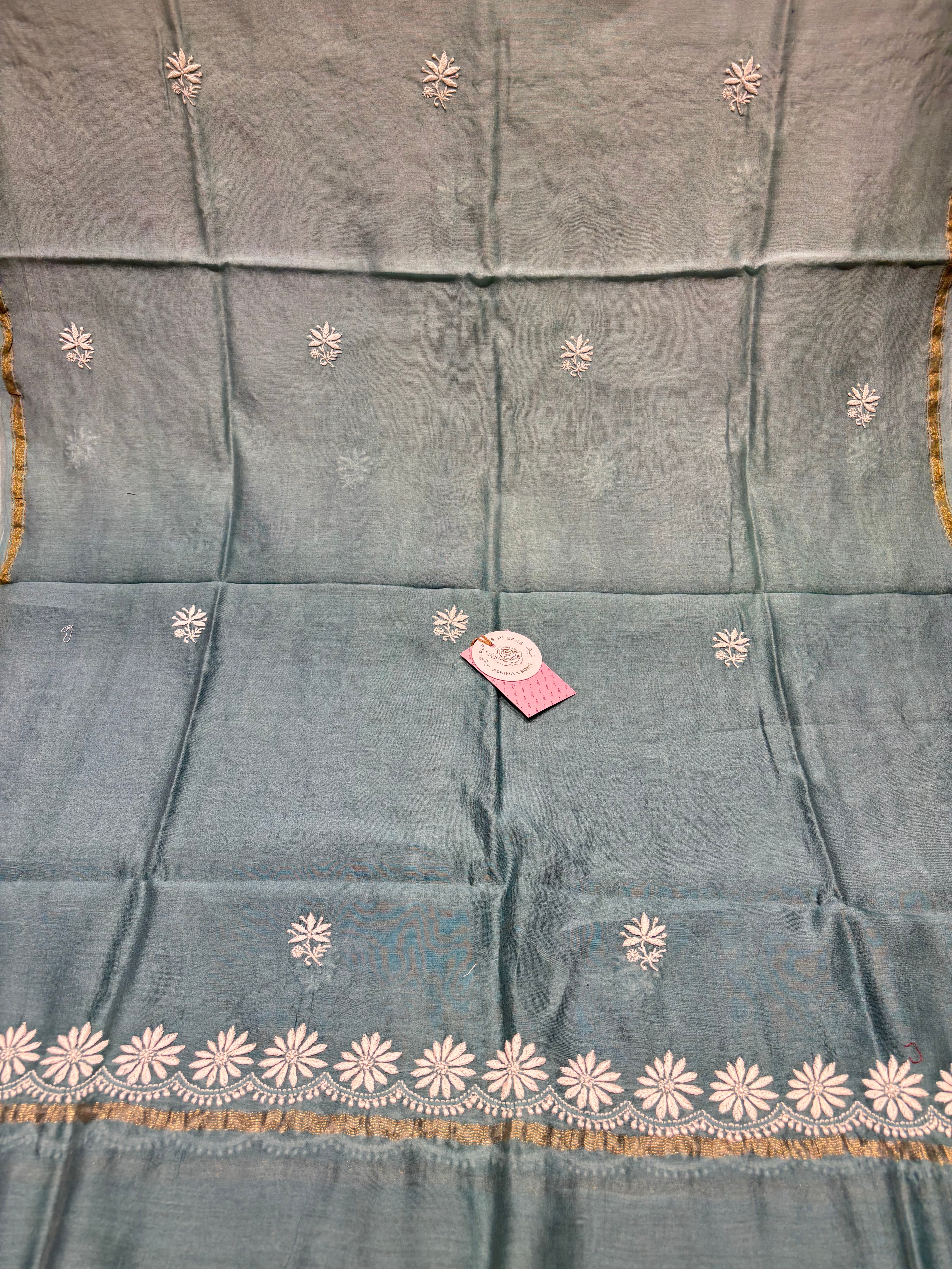 Aqua Blue Chanderi Silk Chikankari Anarkali & Dupatta Set