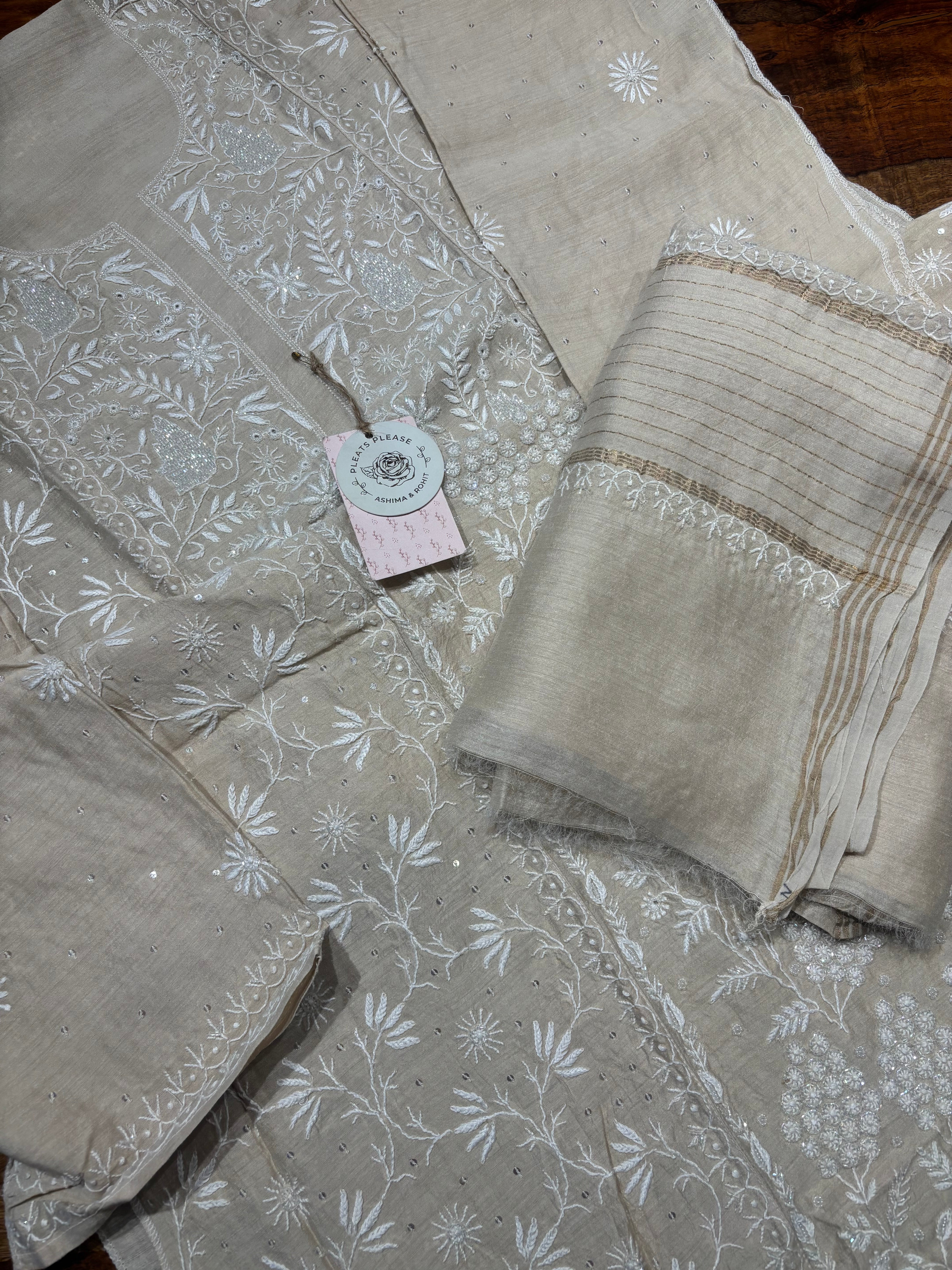 Dyeable Monga Silk Chikankari Kurta And Dupatta Set