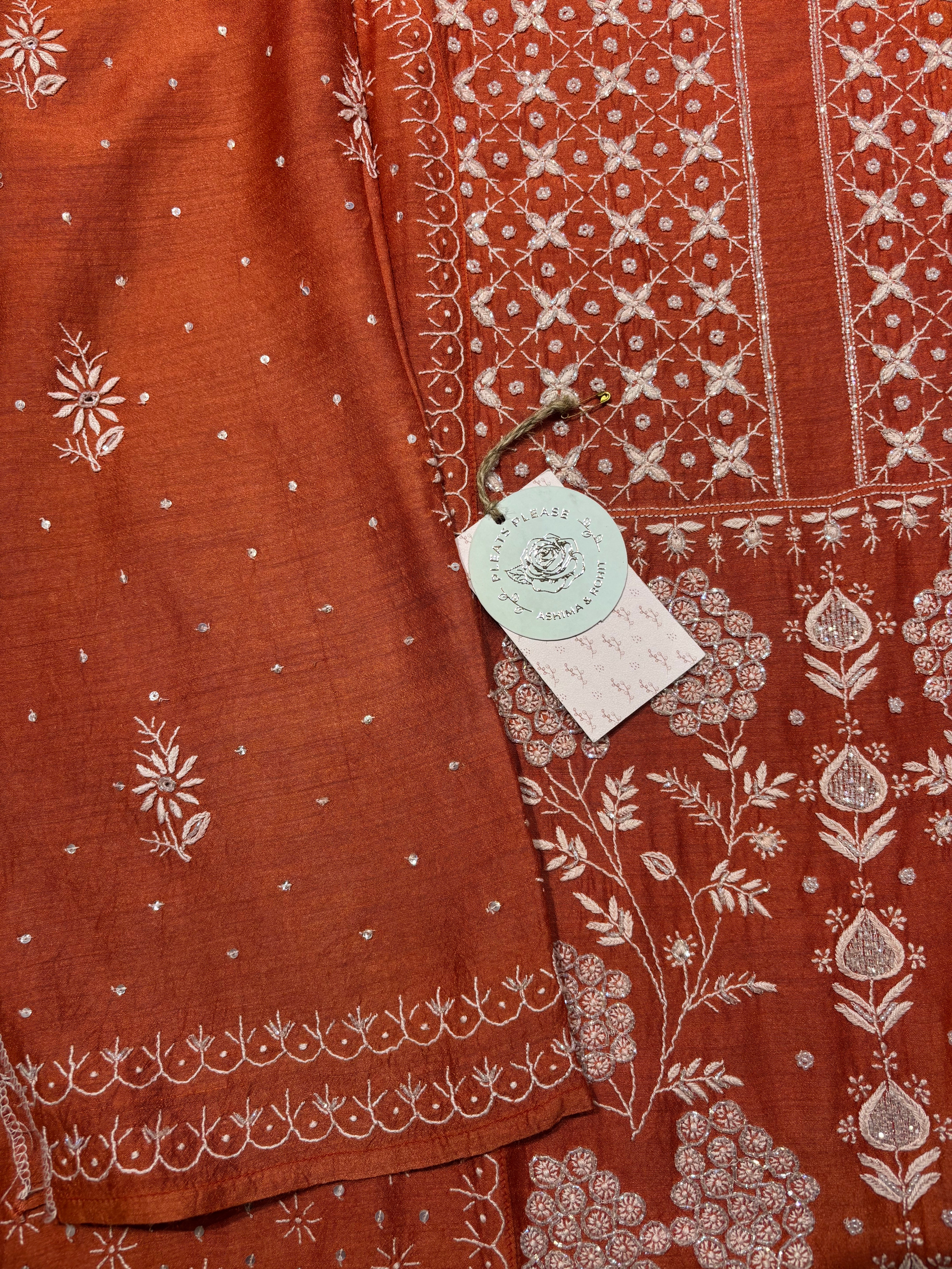Outrageous Orange  Monga silk Chikankari Kurta and Dupatta set