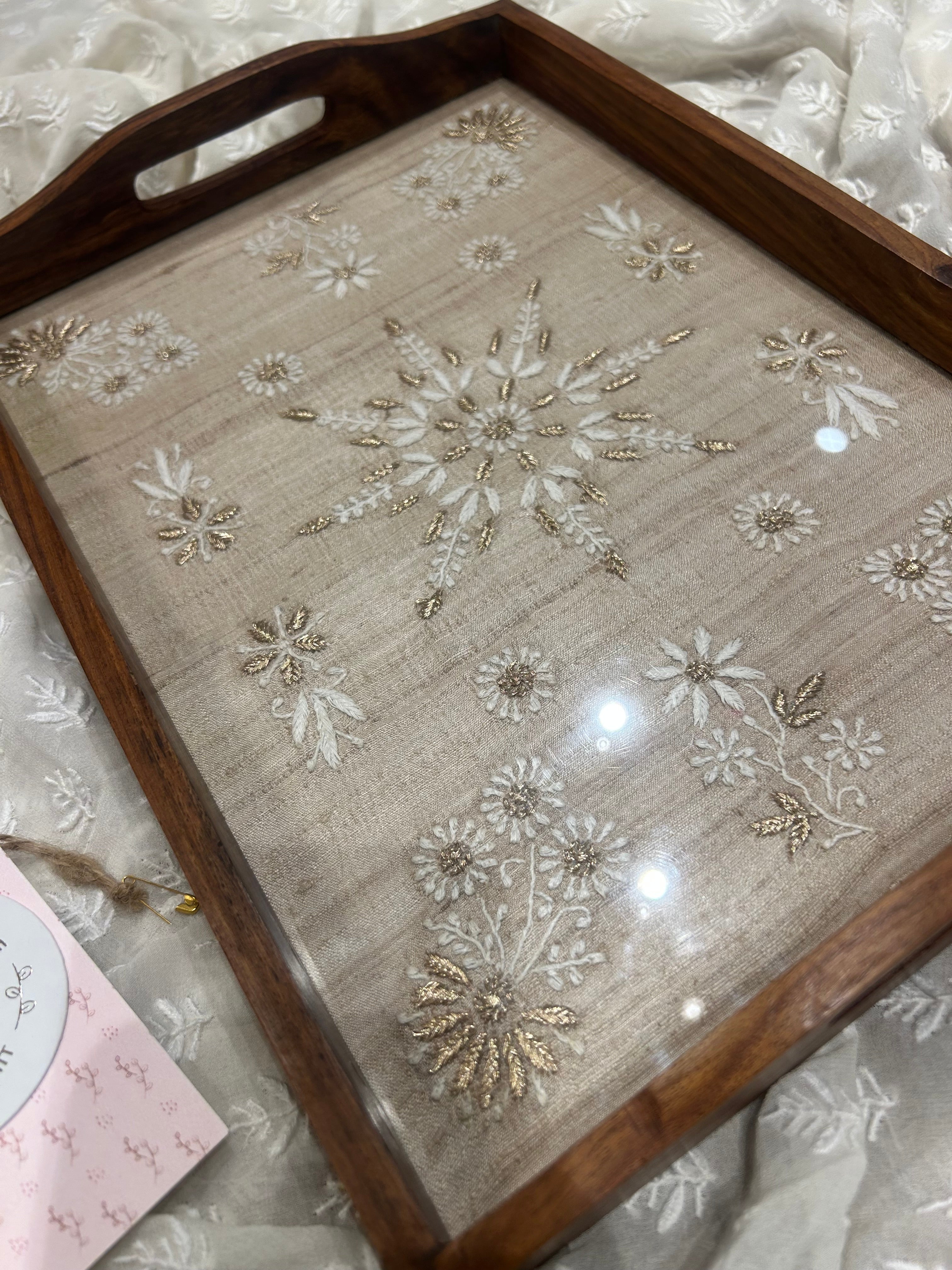 Fawn Silk Rectangle Chikankari  Wooden Tray