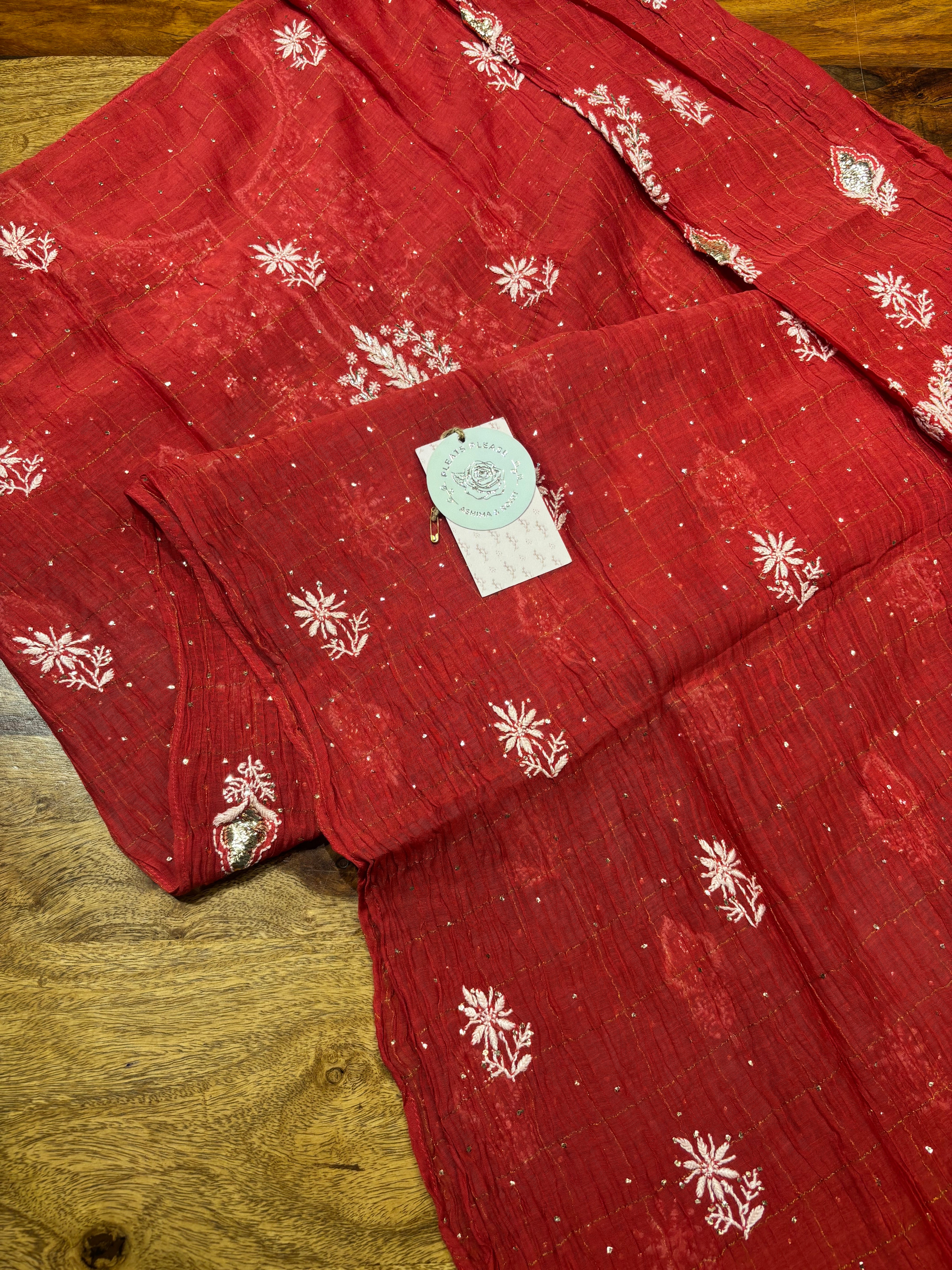 Red Chanderi Mul Chikankari & Mukaish Kurta and Dupatta