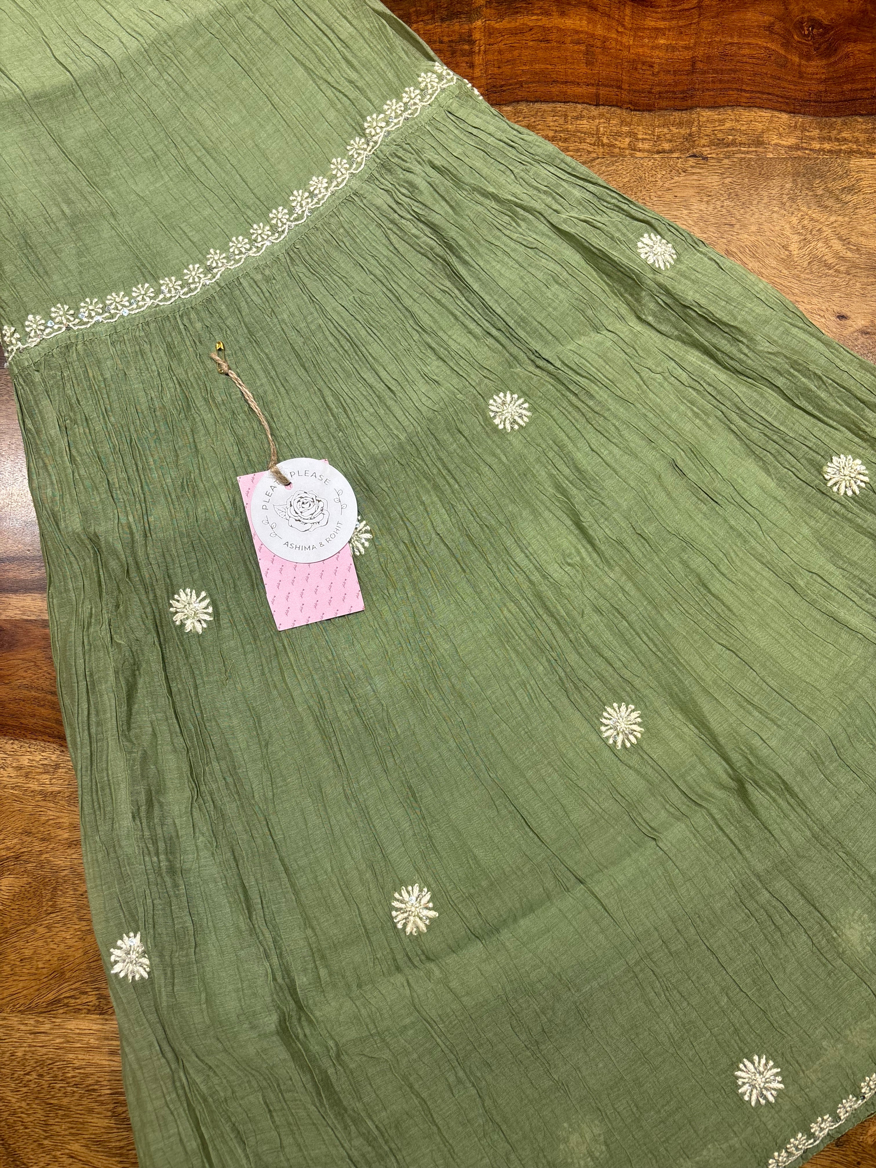 Sage Green Chanderi Mul Chikankari Kurta, Sharara & Dupatta Set