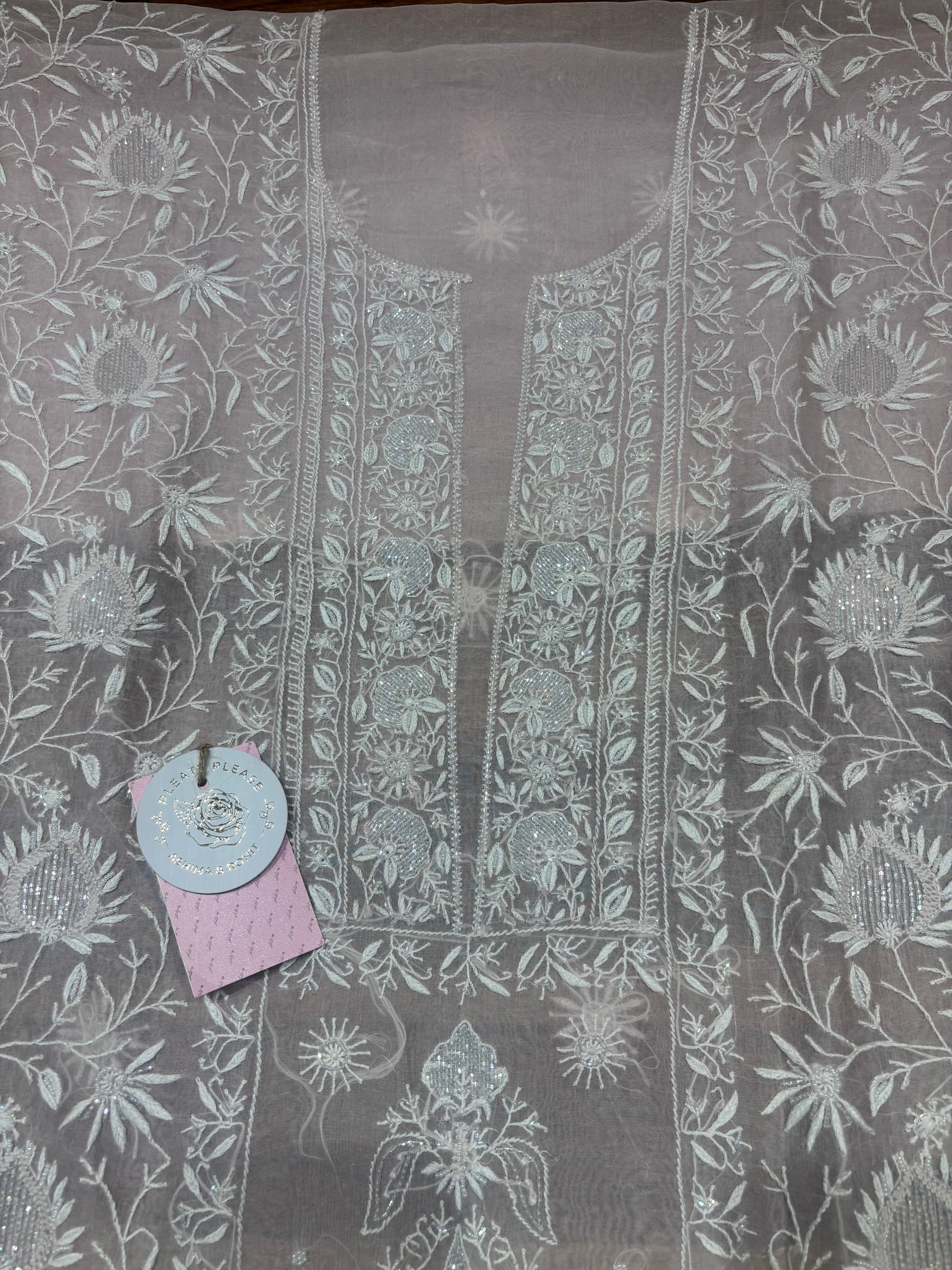 Soft Pink Pure & Premium Organza Silk Chikankari Kurta & Dupatta Fabric