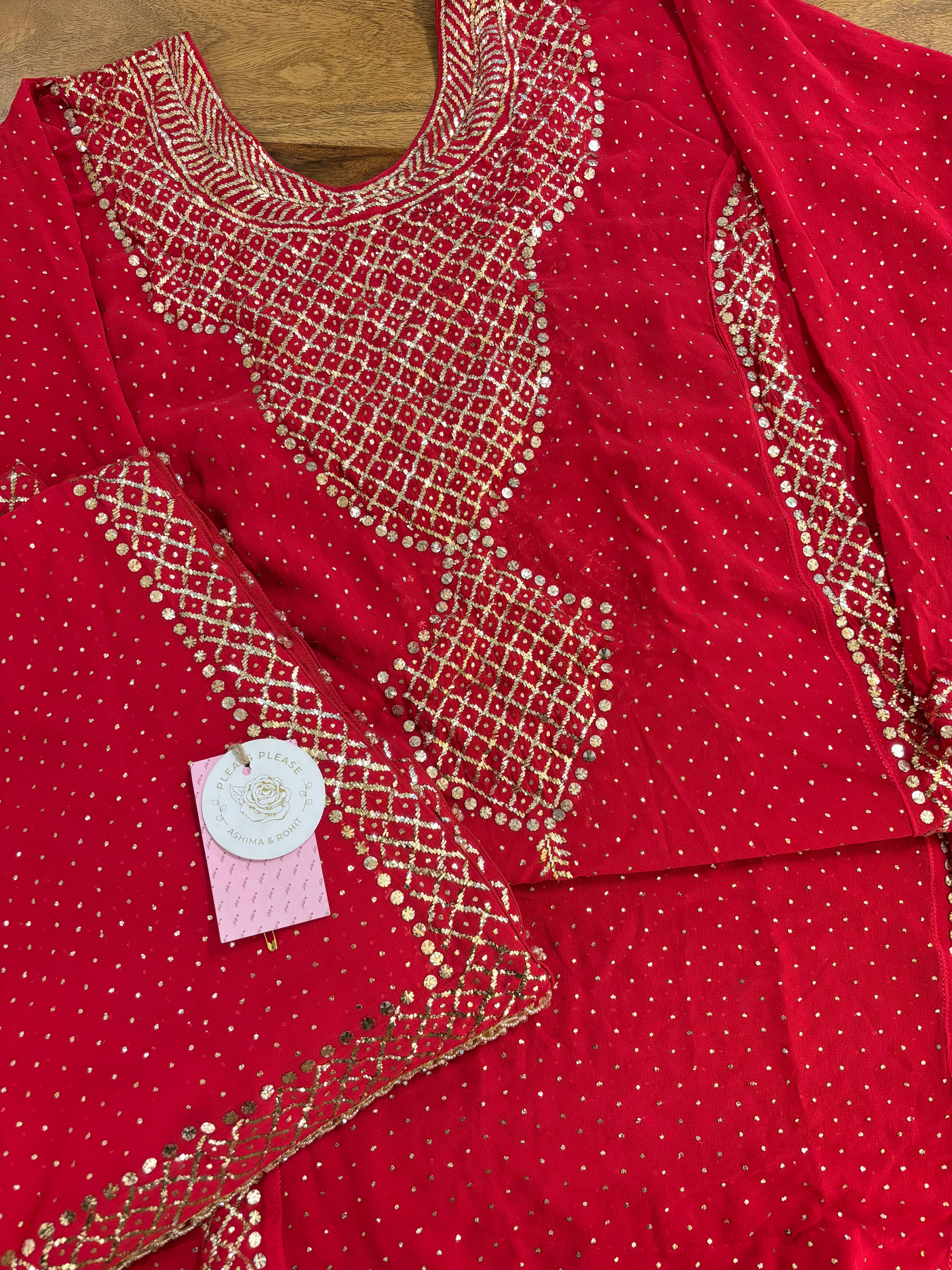 Red Pure & Premium Georgette Mukaish A-Line Kurta & Dupatta