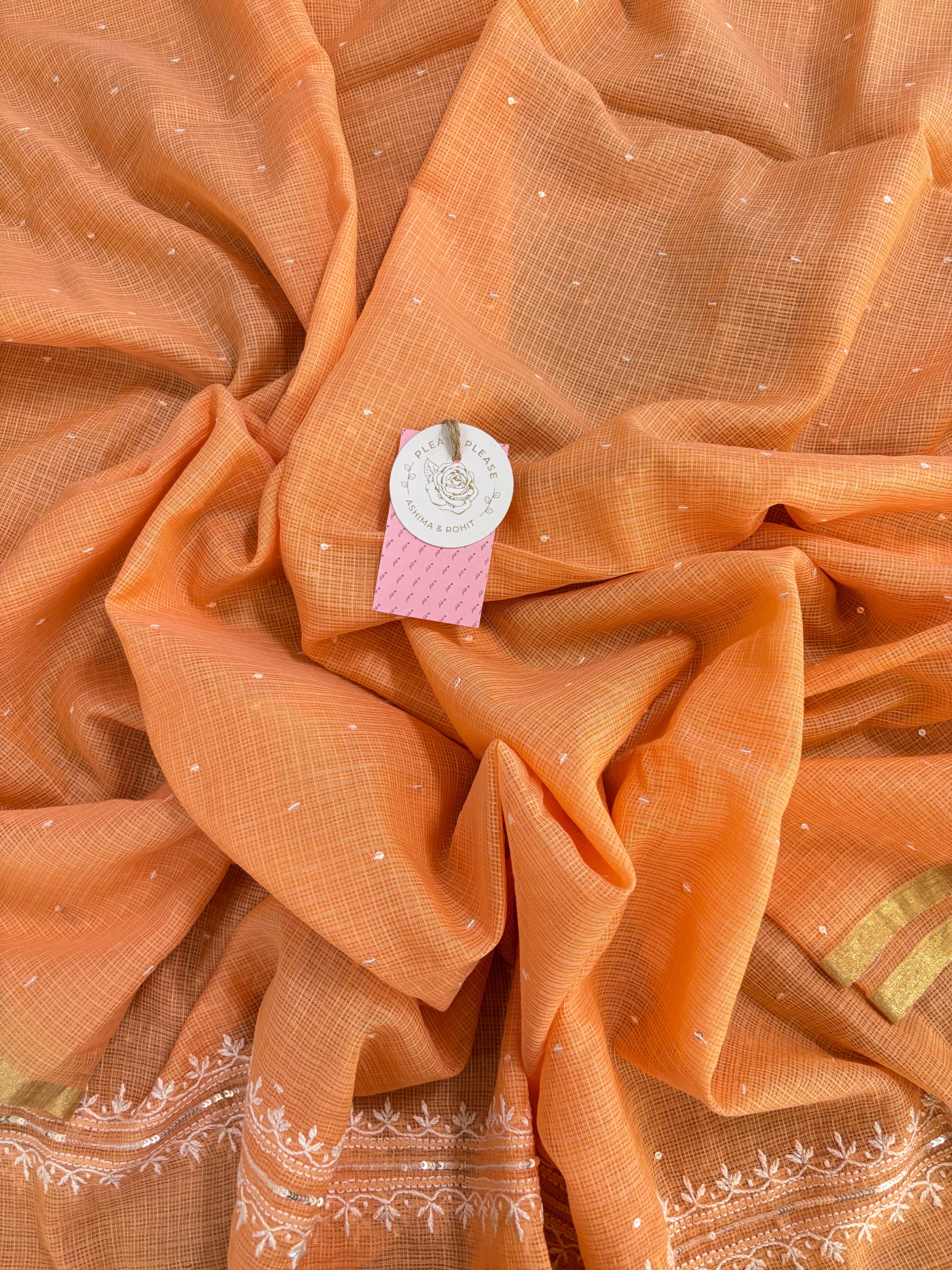 Peach Kota Doria Chikankari Kurta & Dupatta