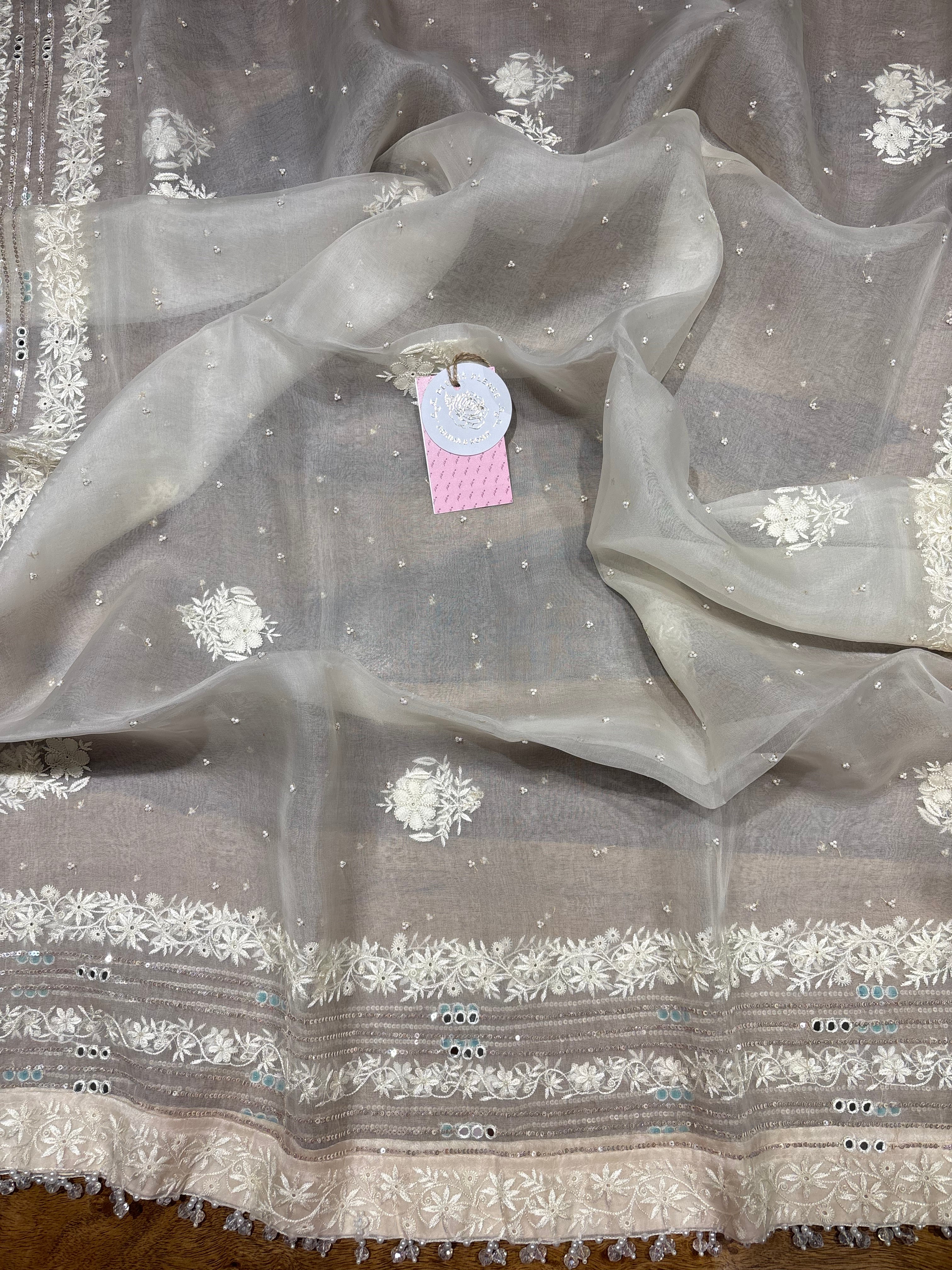 Ivory Pure & Premium Organza Silk Chikankari Kurta & Dupatta Fabric