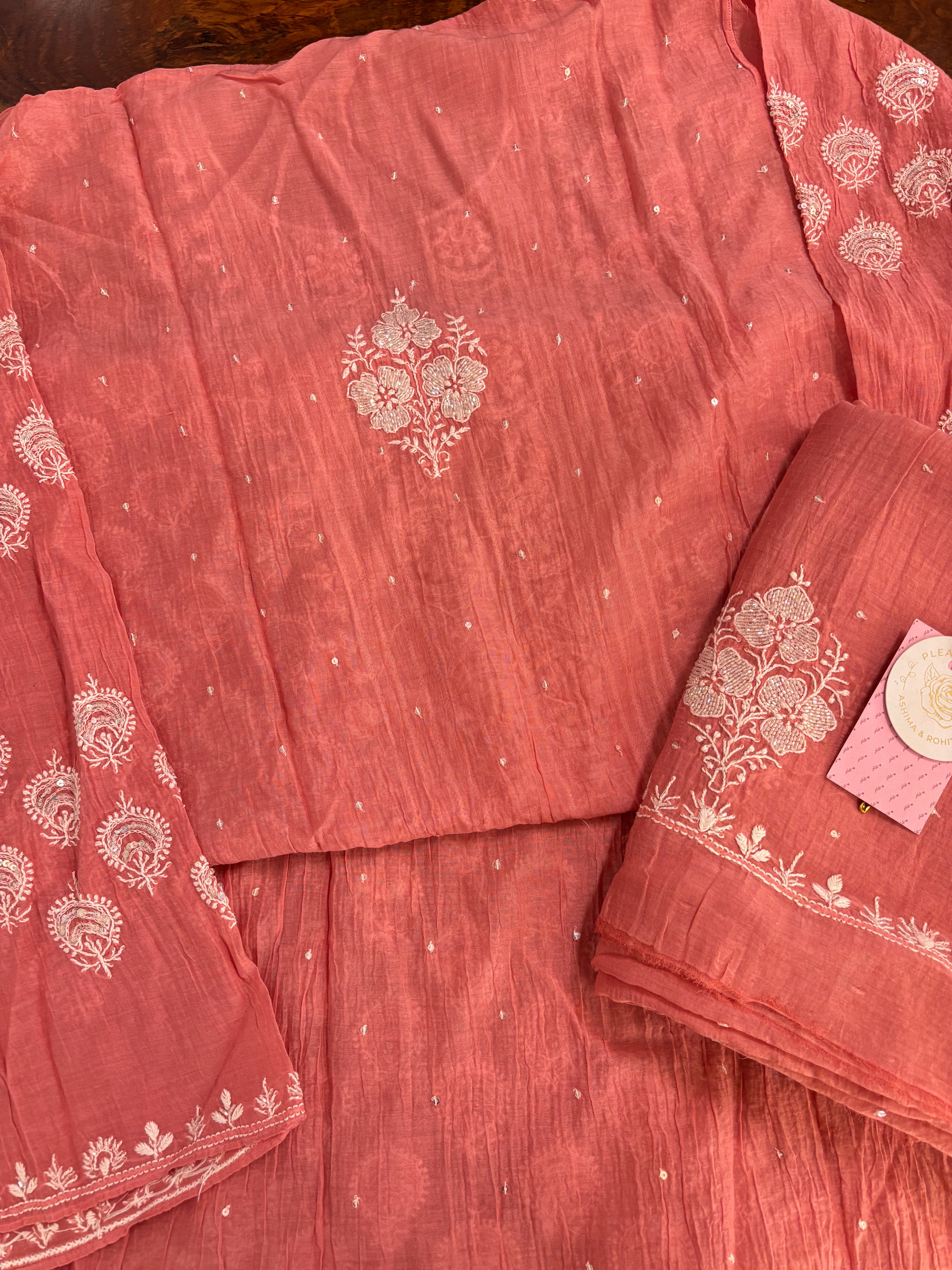 Peach Chanderi Mul Chikankari Kurta & Dupatta