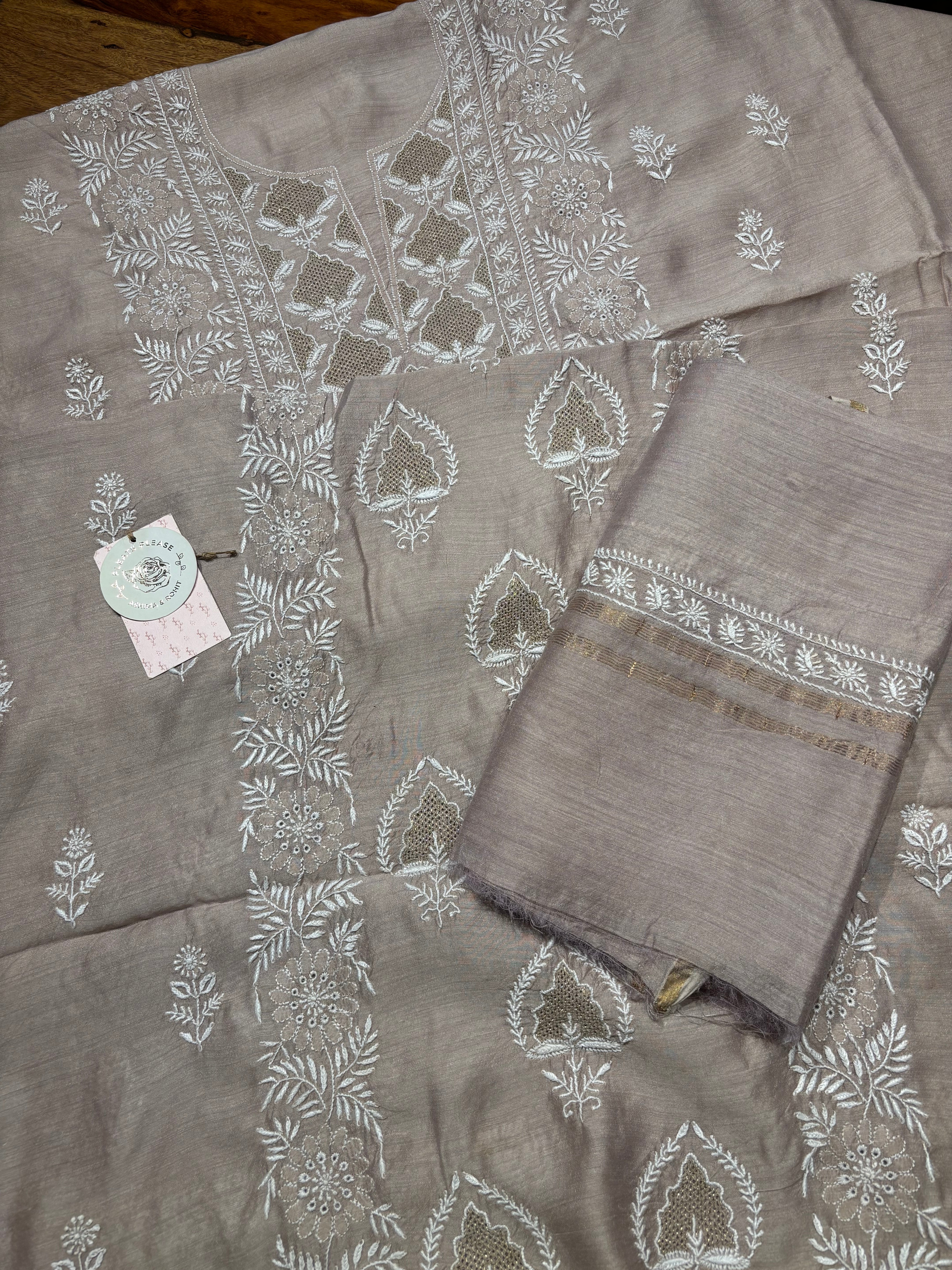Dusty Mauve Monga Silk Chikankari Kurta And Dupatta Fabric