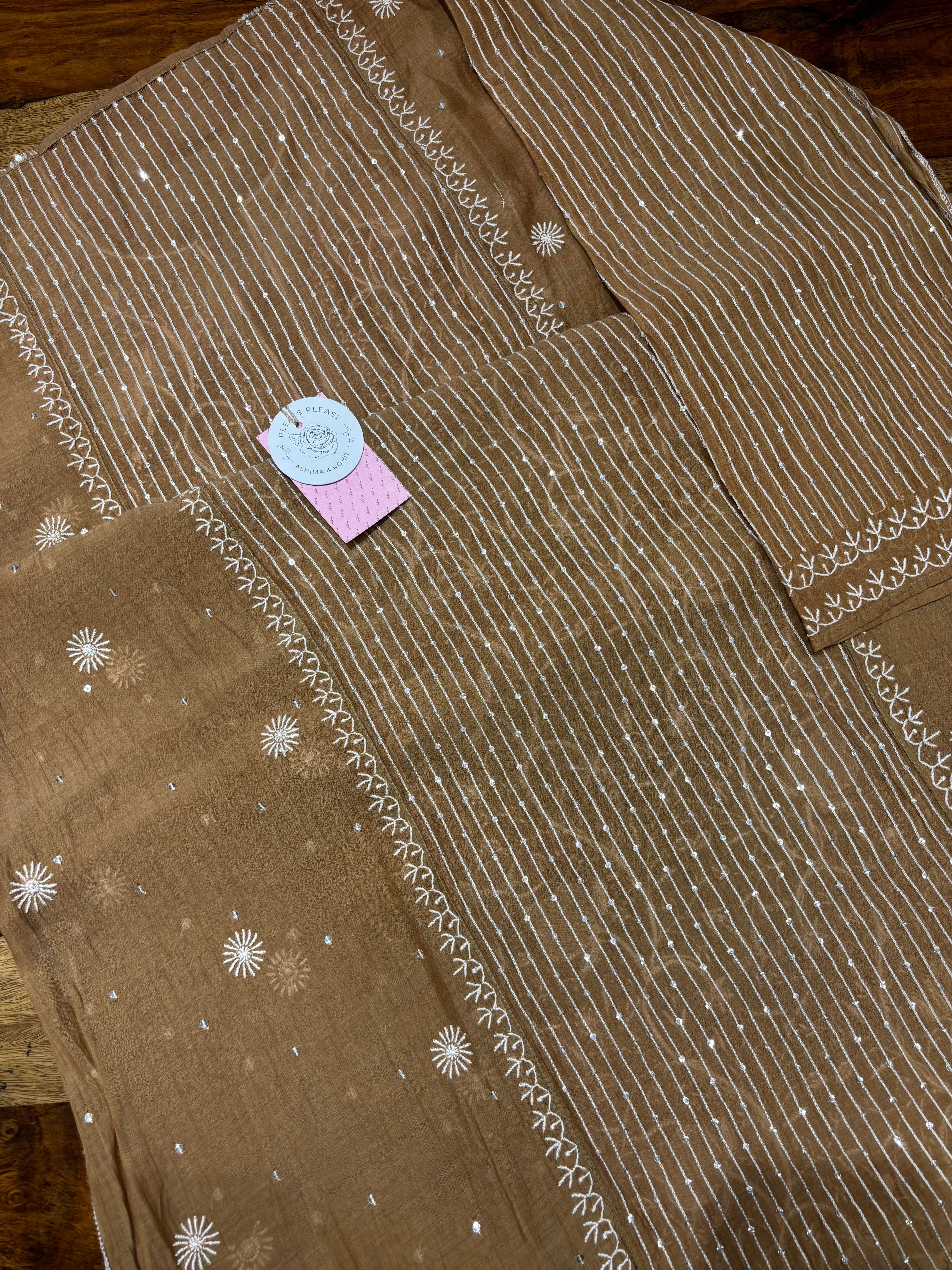 Chocolate Brown Chanderi Mul Chikankari Kurta & Dupatta Set