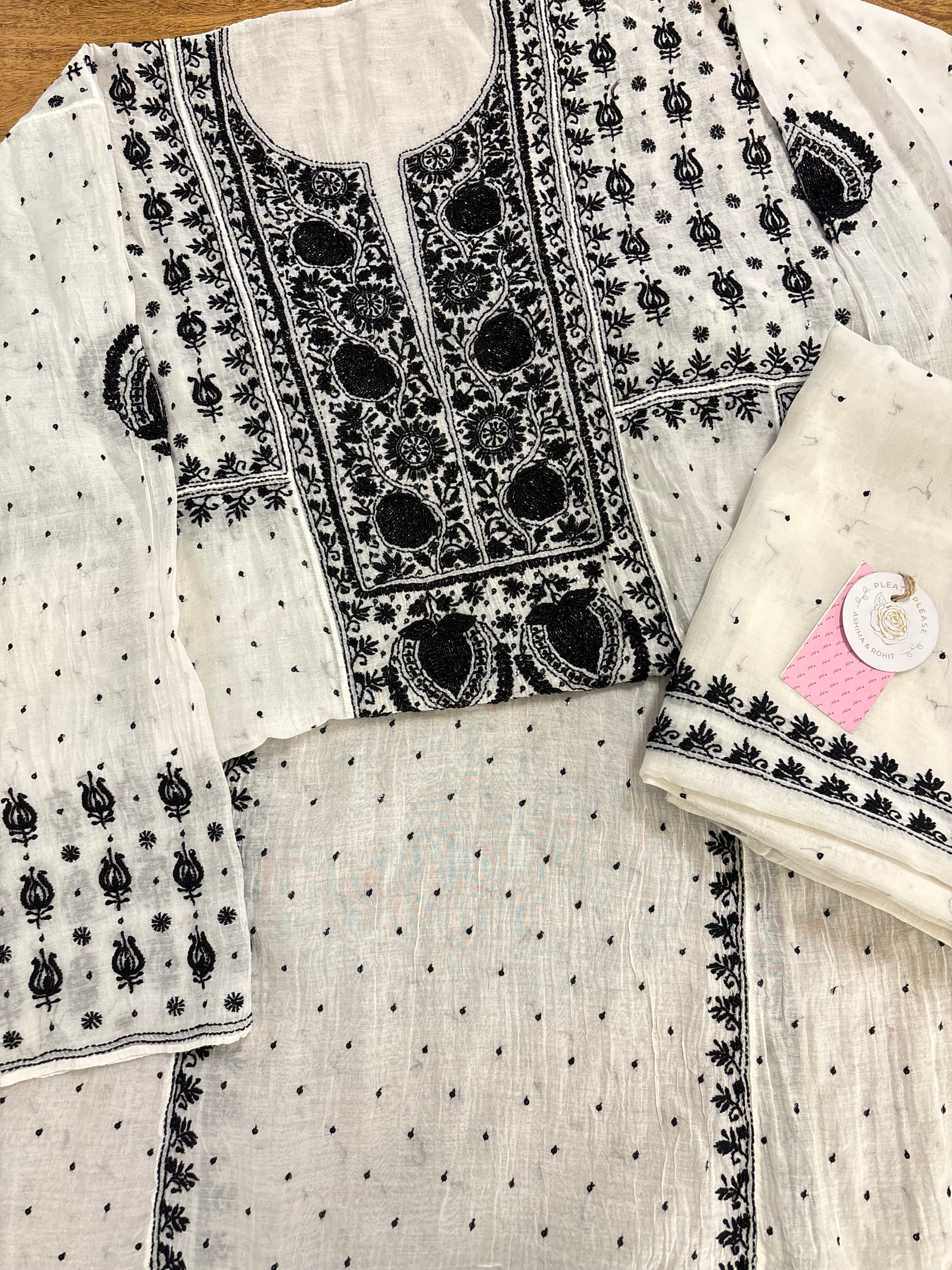 Dyeable Chanderi Black & White A-Line Kurta & Dupatta Set