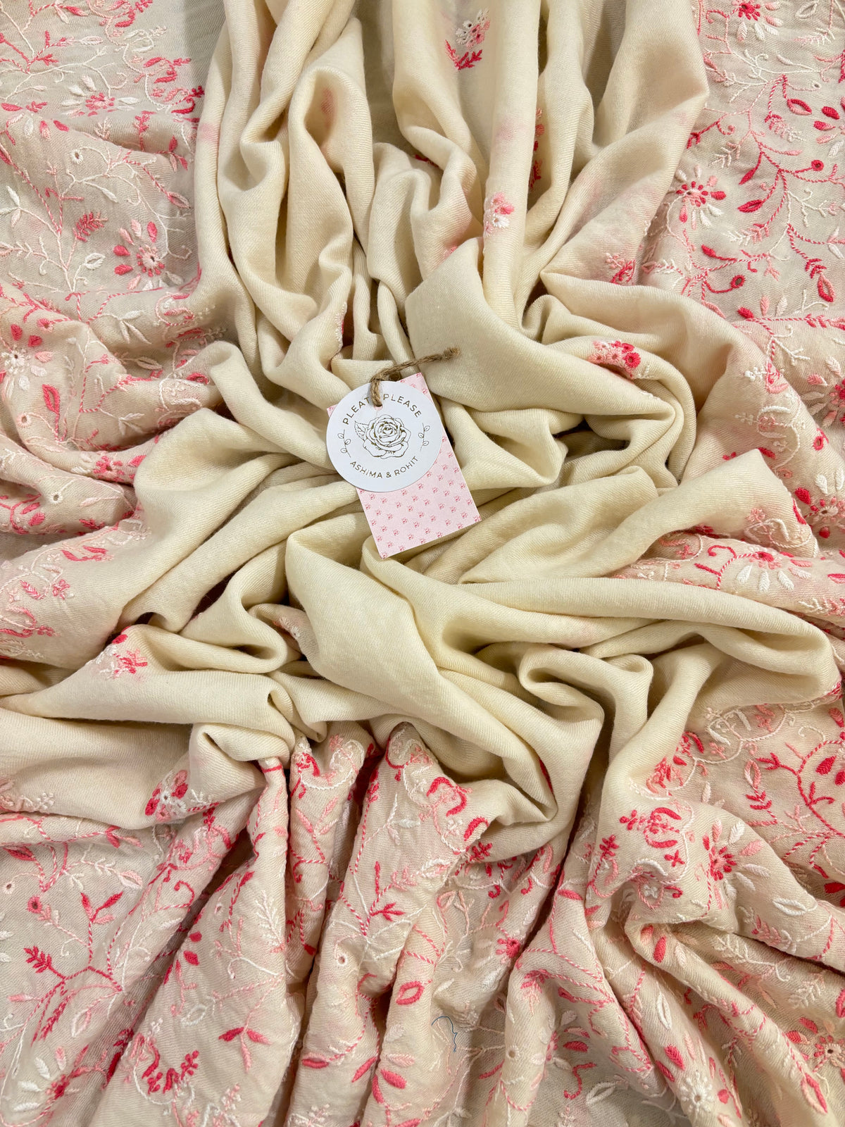 Ivory-Pink Pashmina Chikankari Shawl