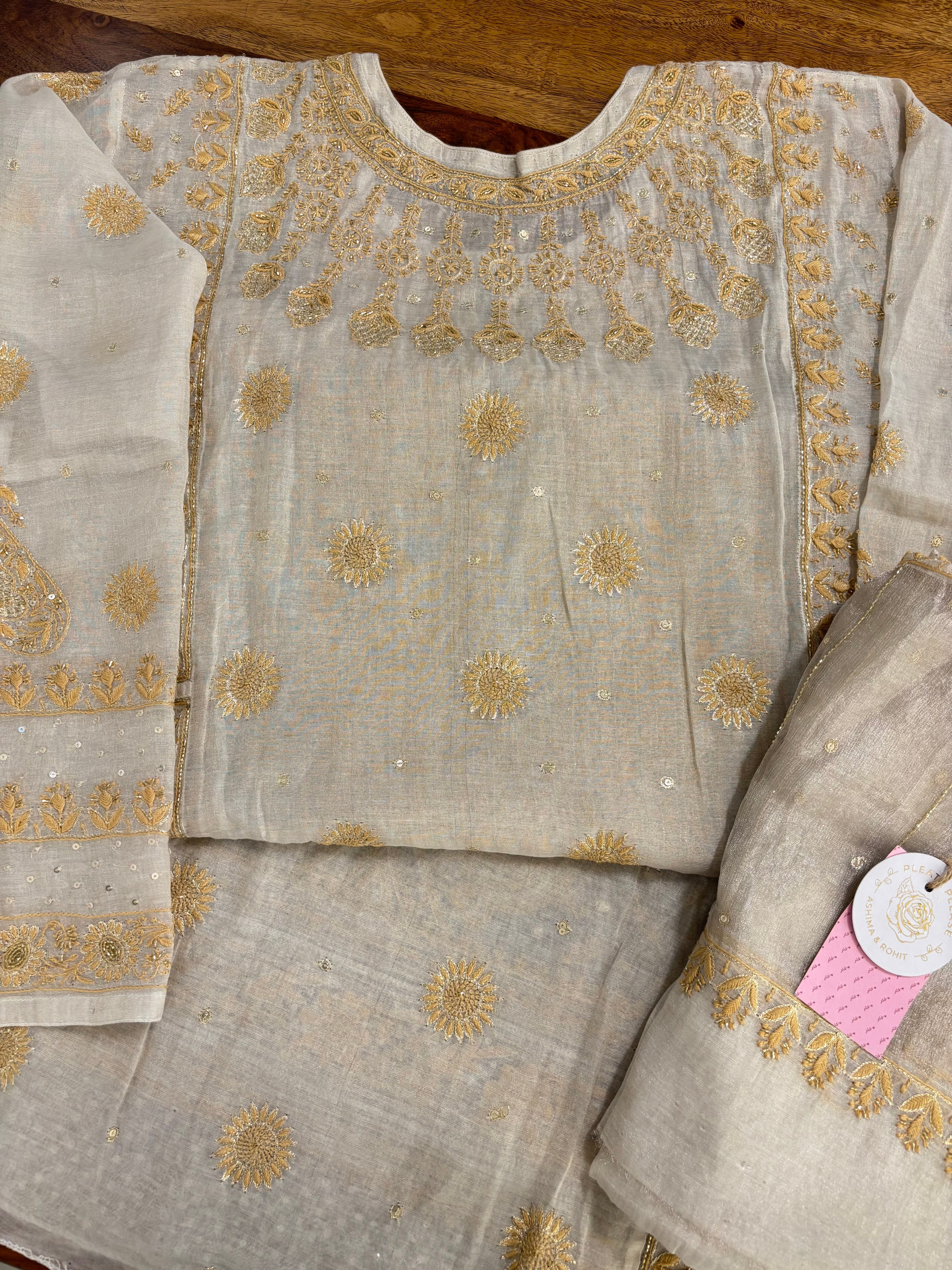 Dyeable Ivory Silver Pure & Premium Tissue Chikankari Kurta & Dupatta