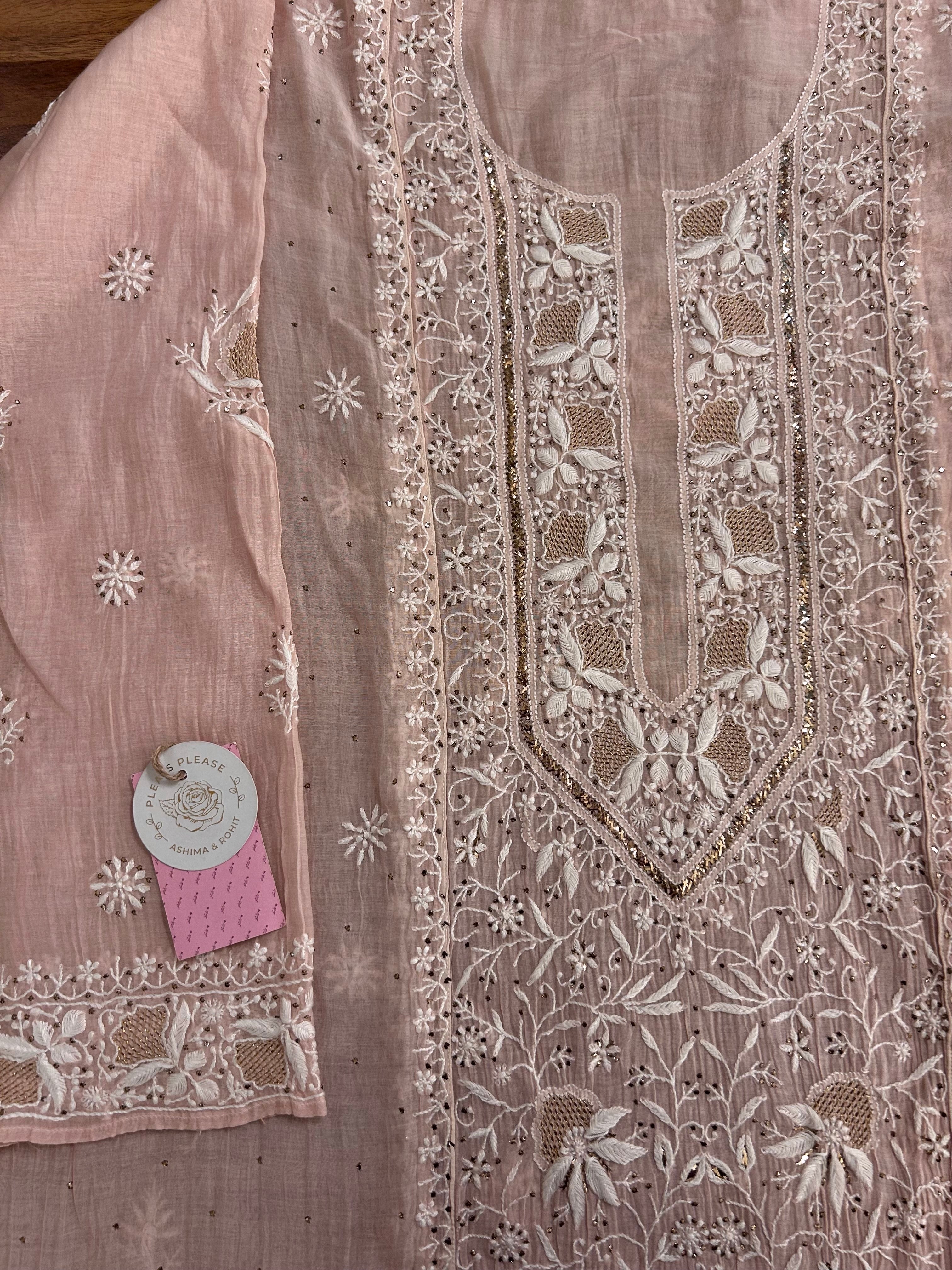 Pastel Peach Chanderi Mul Chikankari Mukaish Kurta & Dupatta