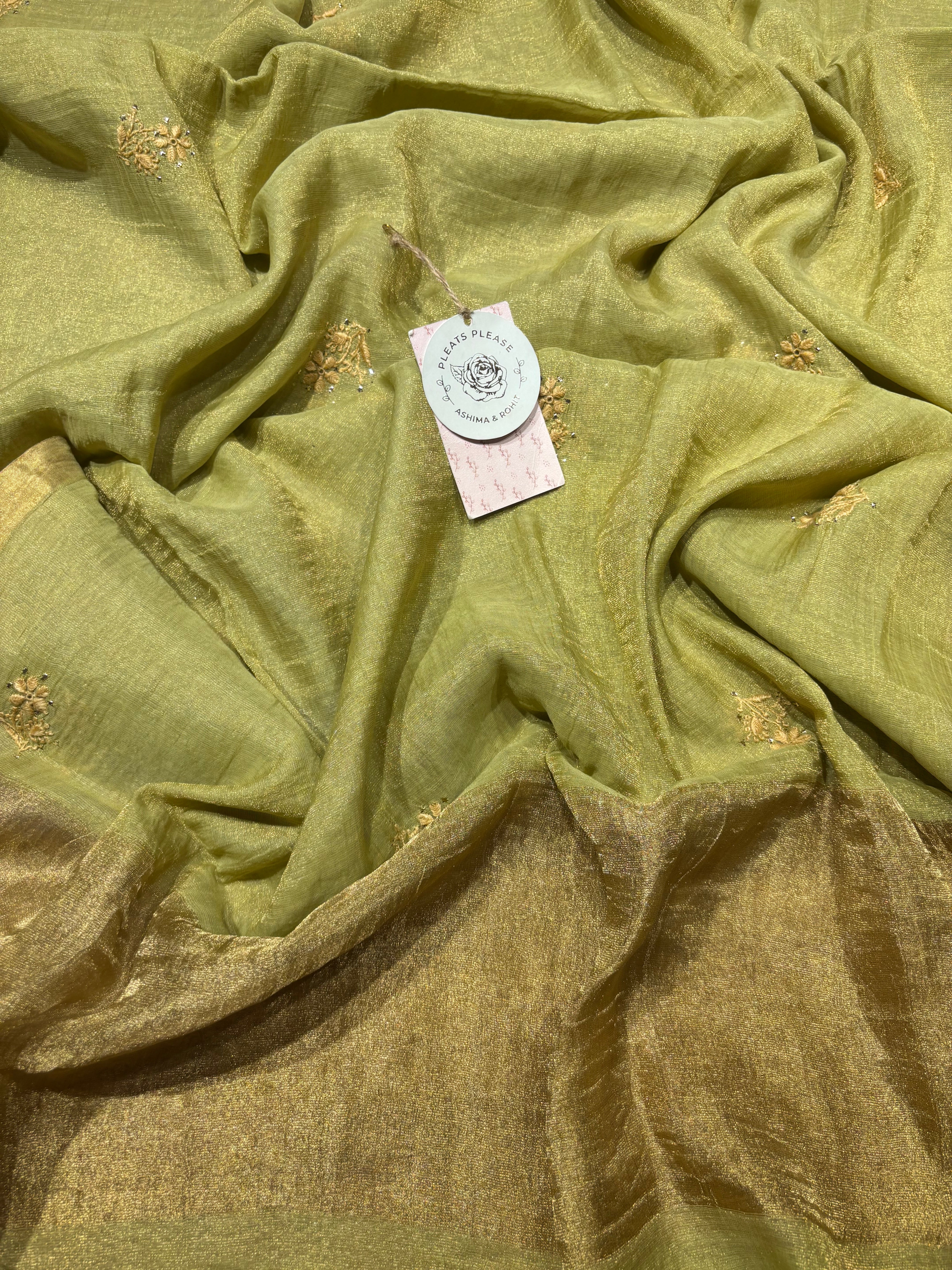 Green Pure Tissue Chikankari Kalidar Kurta and Dupatta set