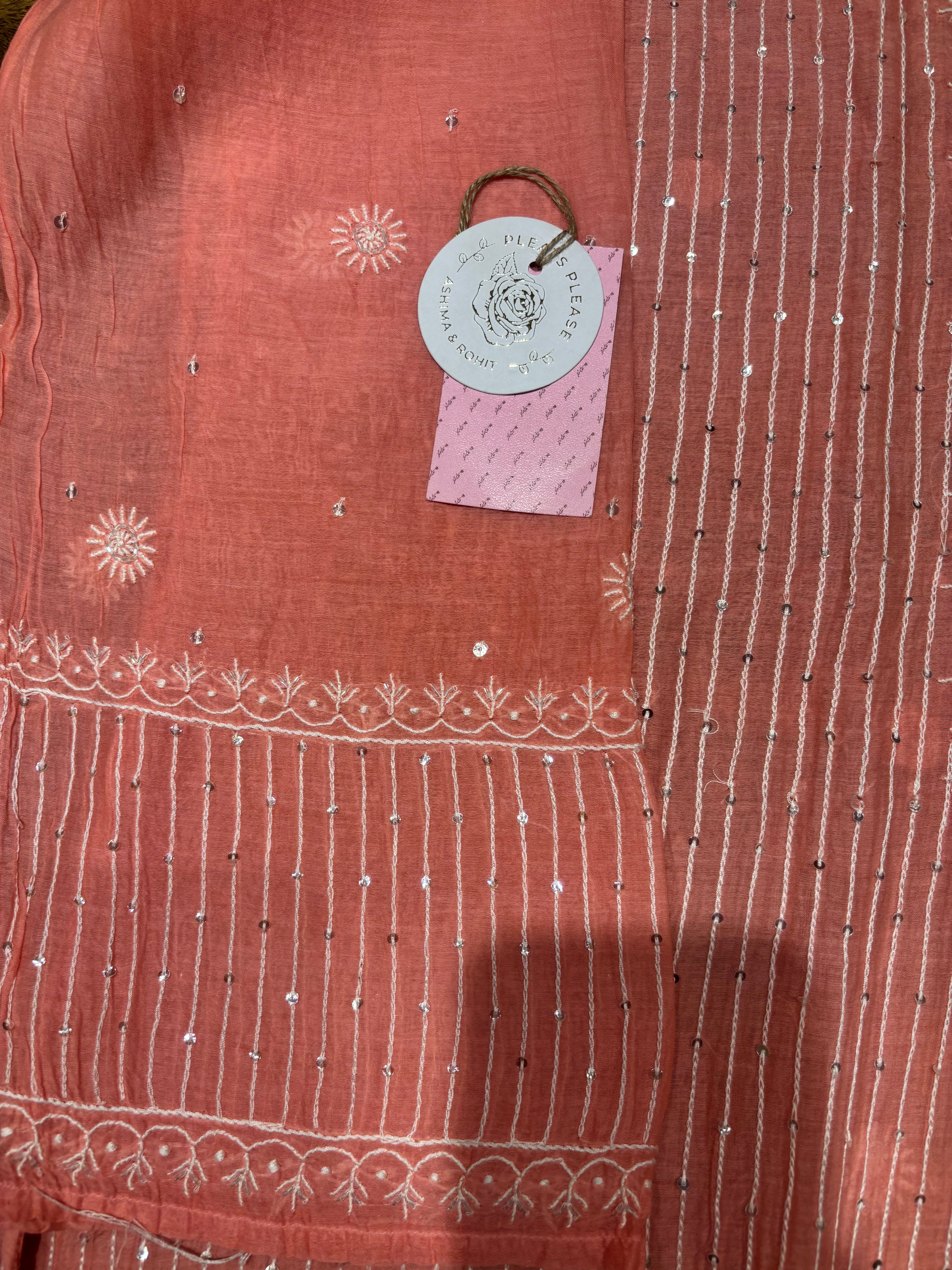 Coral Pink Chanderi Mul Chikankari Kurta & Dupatta Set