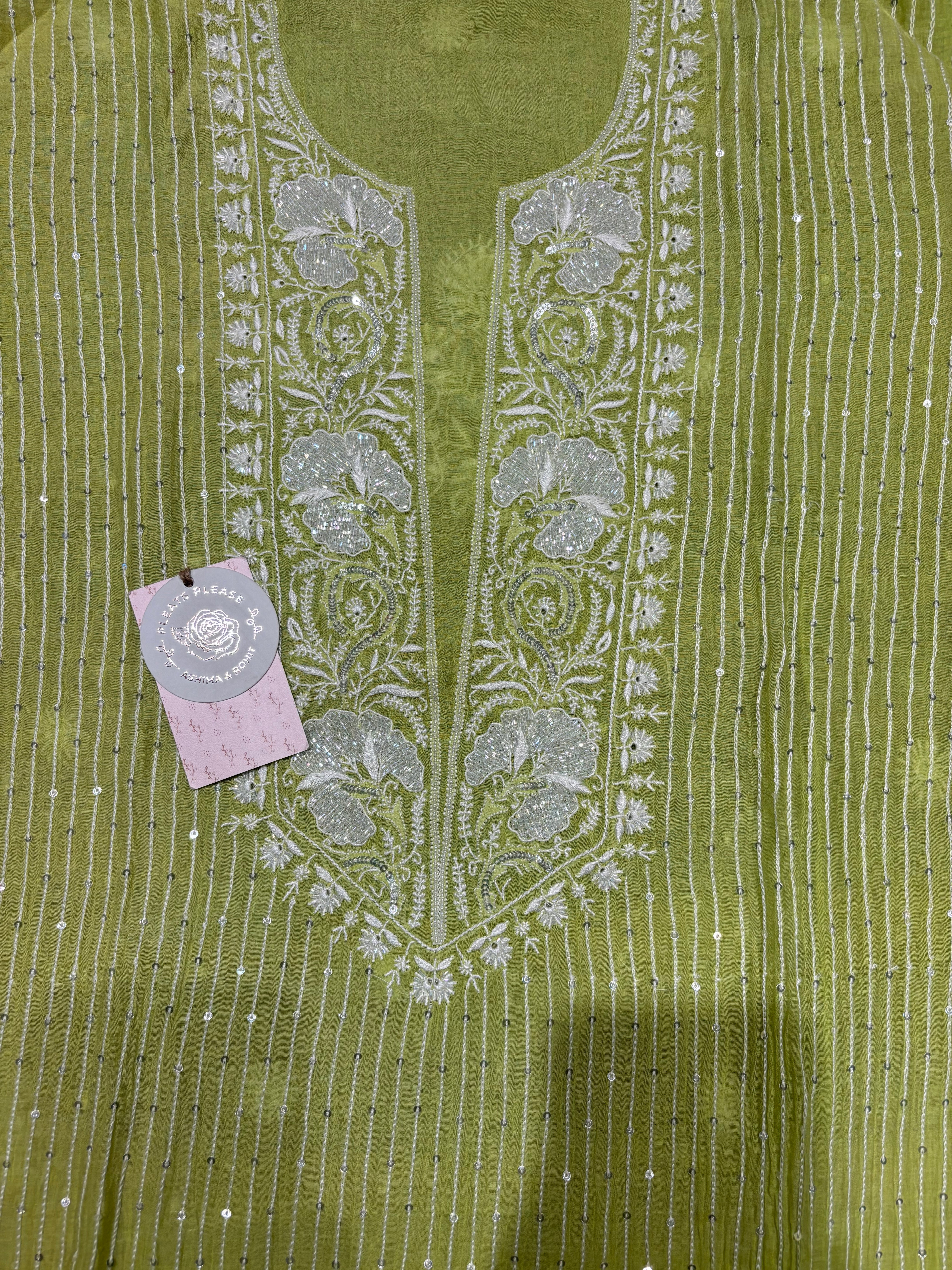 Green Chanderi Mul Chikankari Kurta and Dupatta set