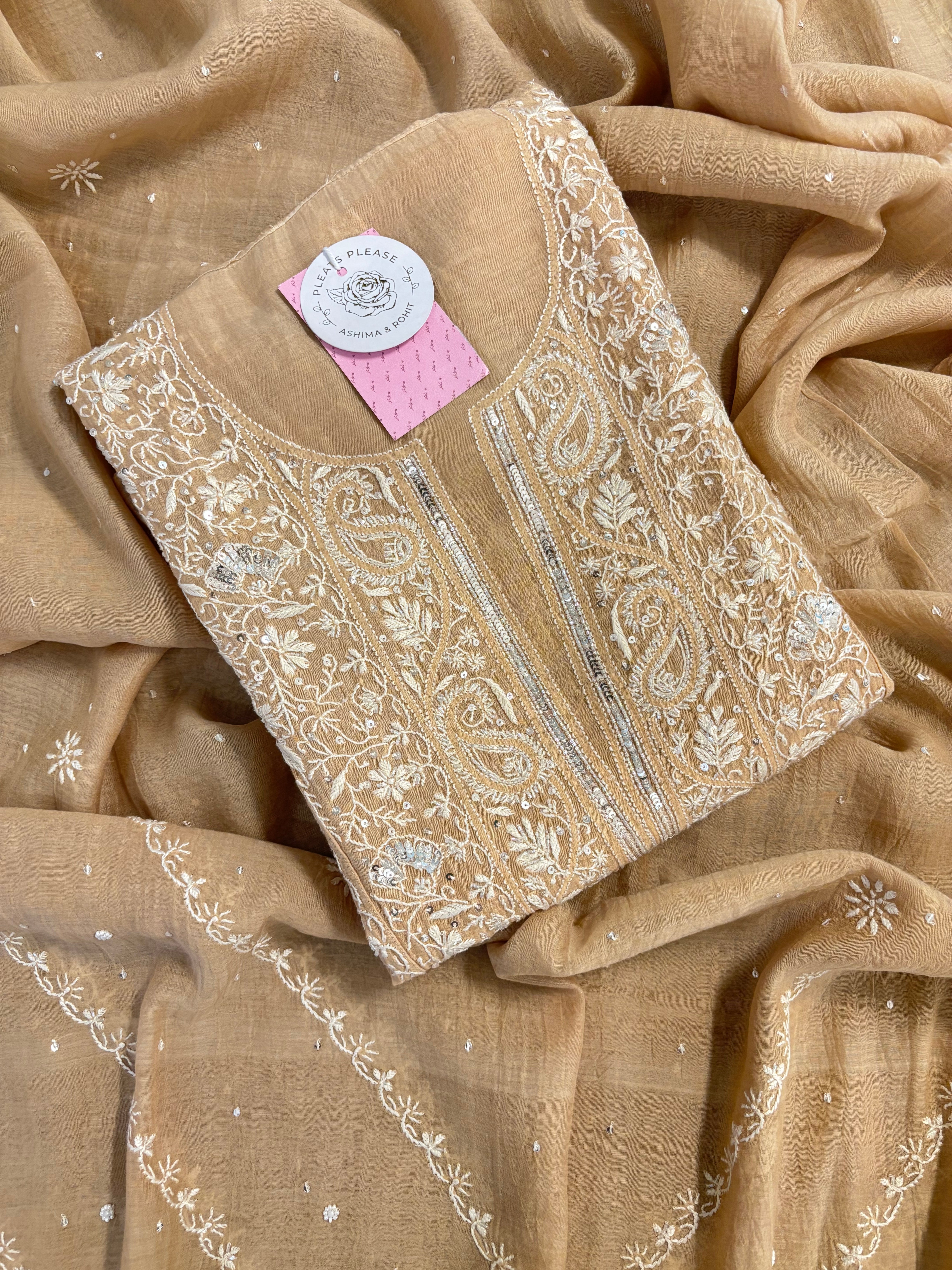 Beige Chanderi Chikankari Kurta & Dupatta