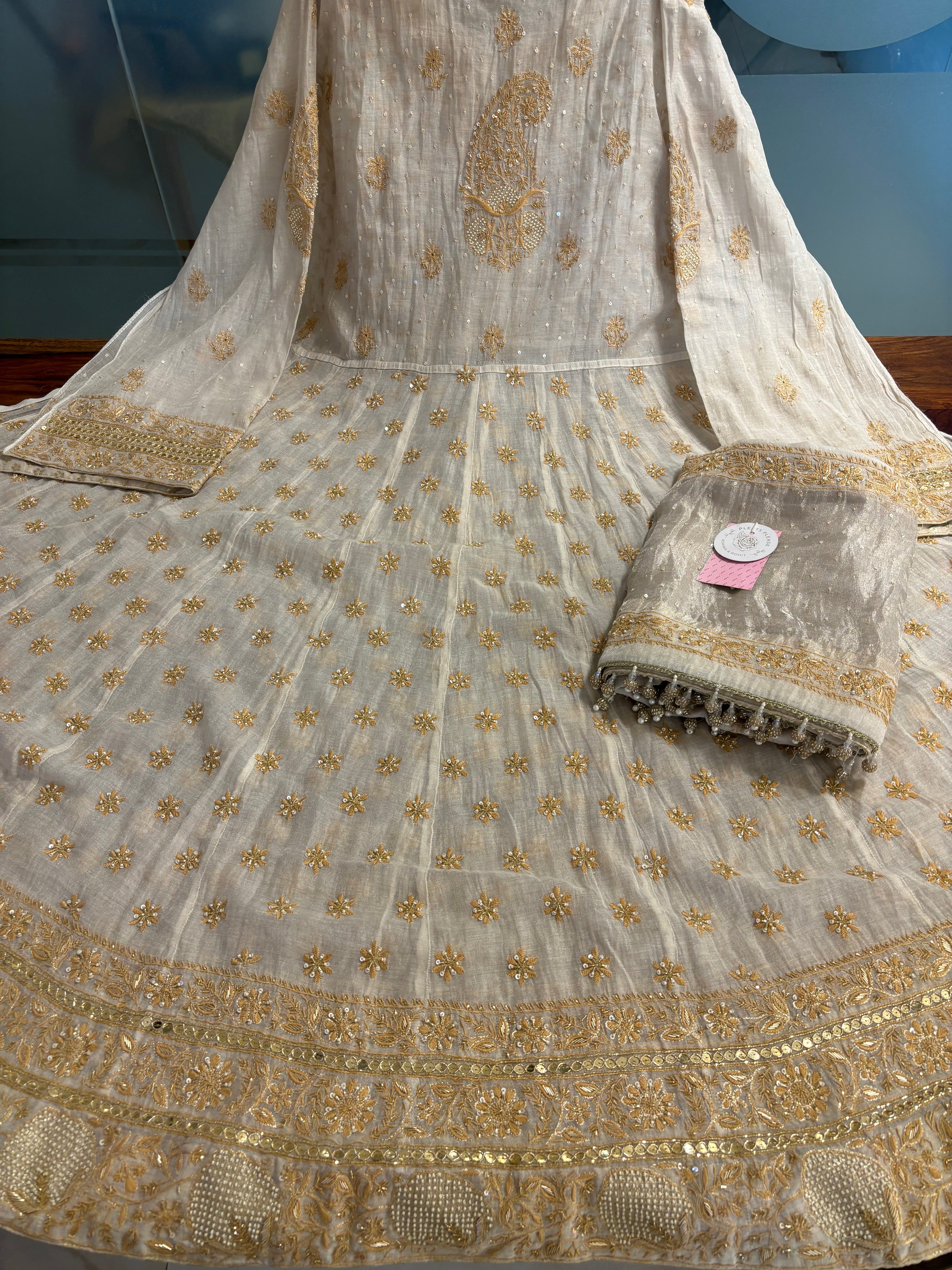 Dyeable Pure & Premium Silver Tissue Chikankari Anarkali & Dupatta Set - Pleats PleaseChikankari