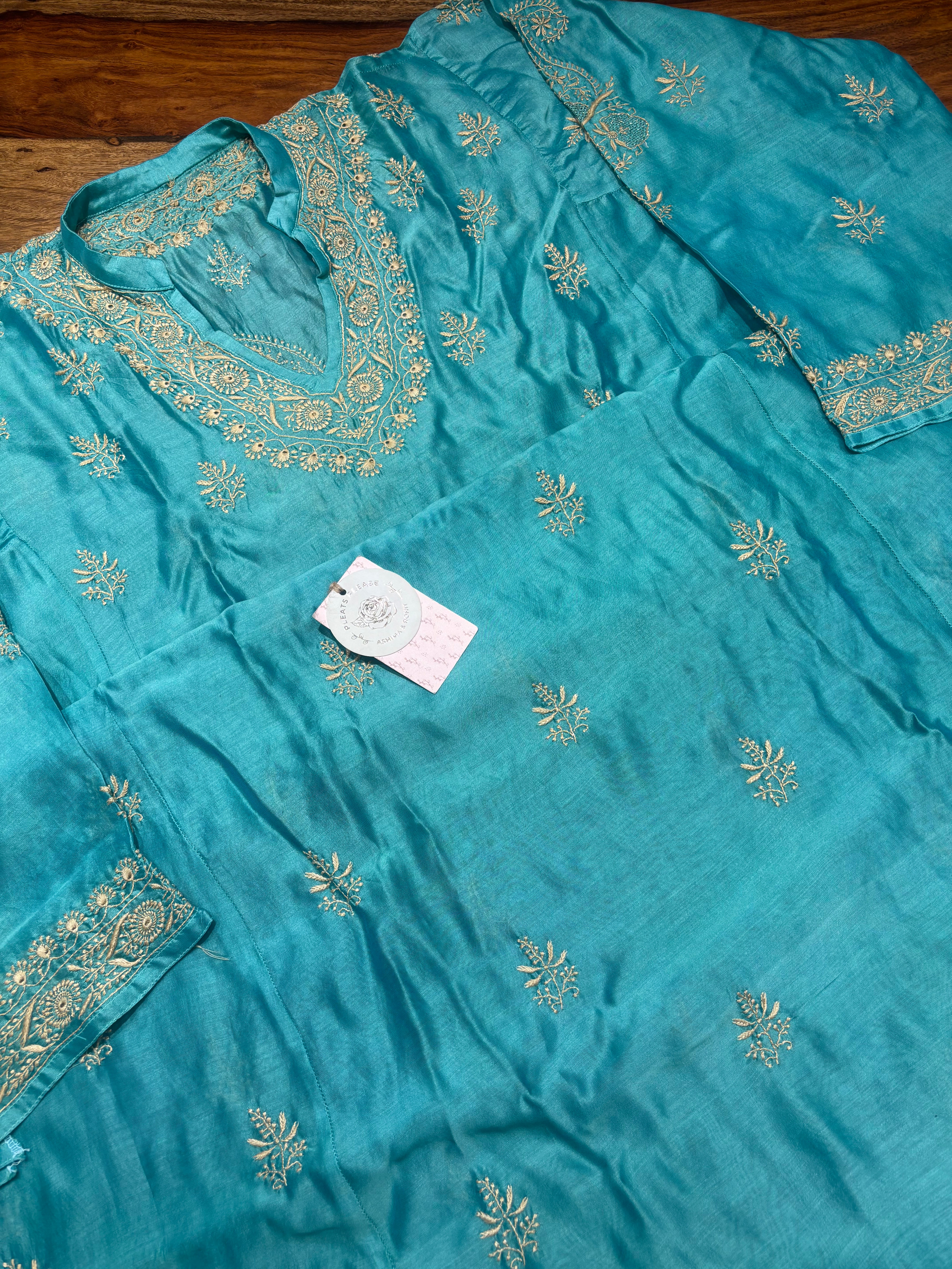 Emerald Green Chanderi Silk Chikankari Kurta Choga