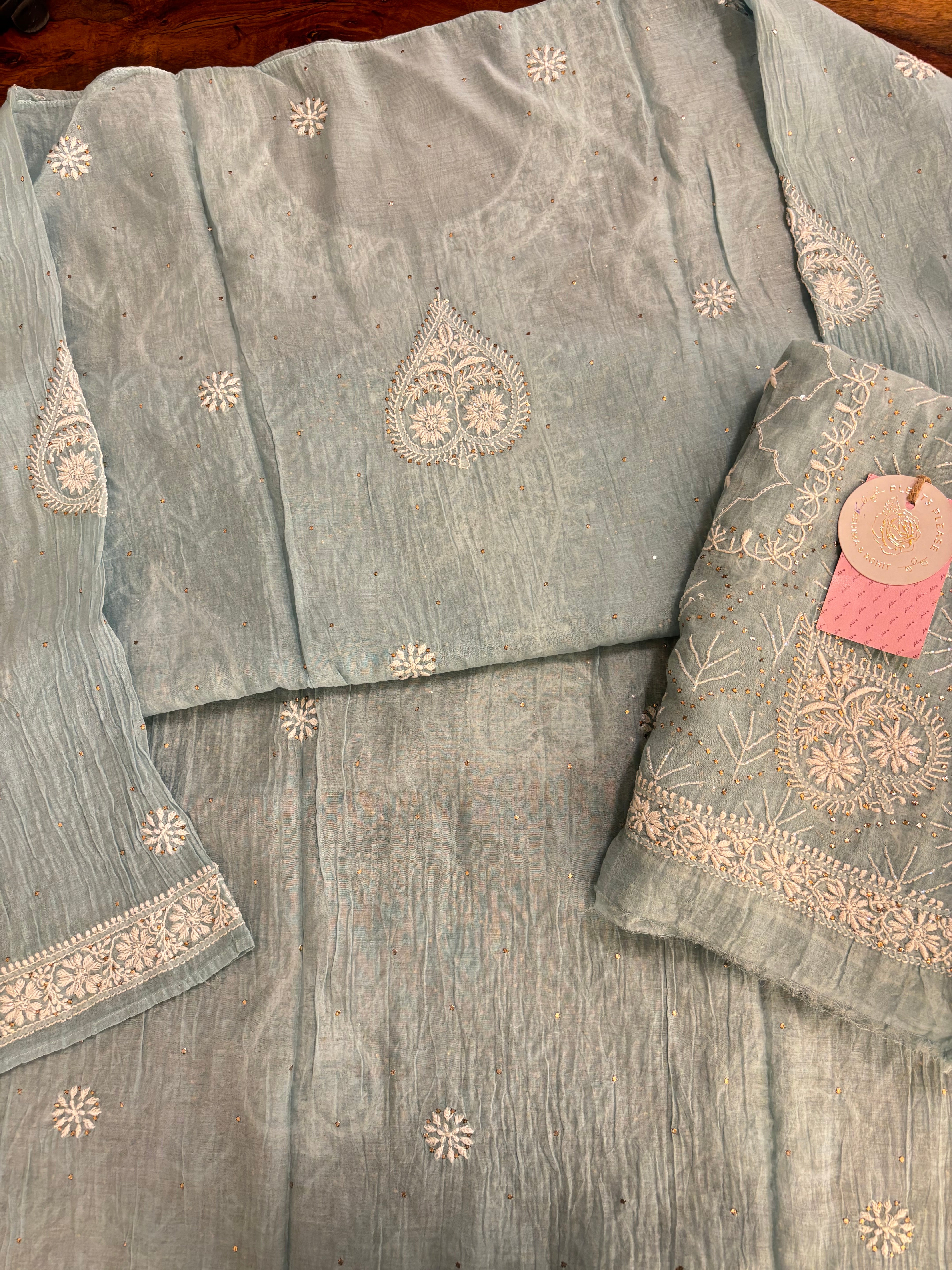 Ice Blue Chanderi Mul Chikankari Mukaish Kurta & Dupatta