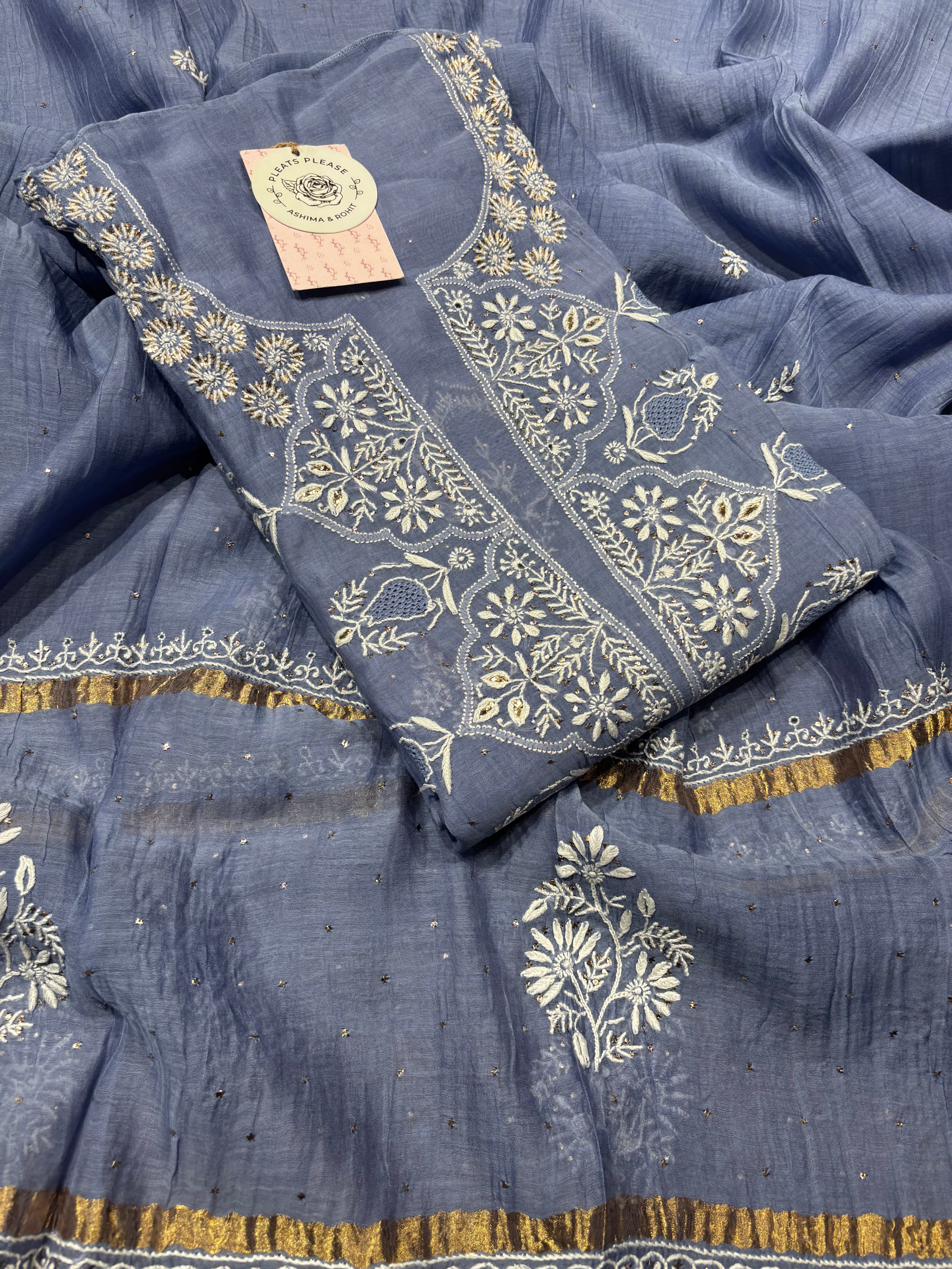Blue Chanderi Mul Chikankari & Mukaish Kurta and Dupatta set
