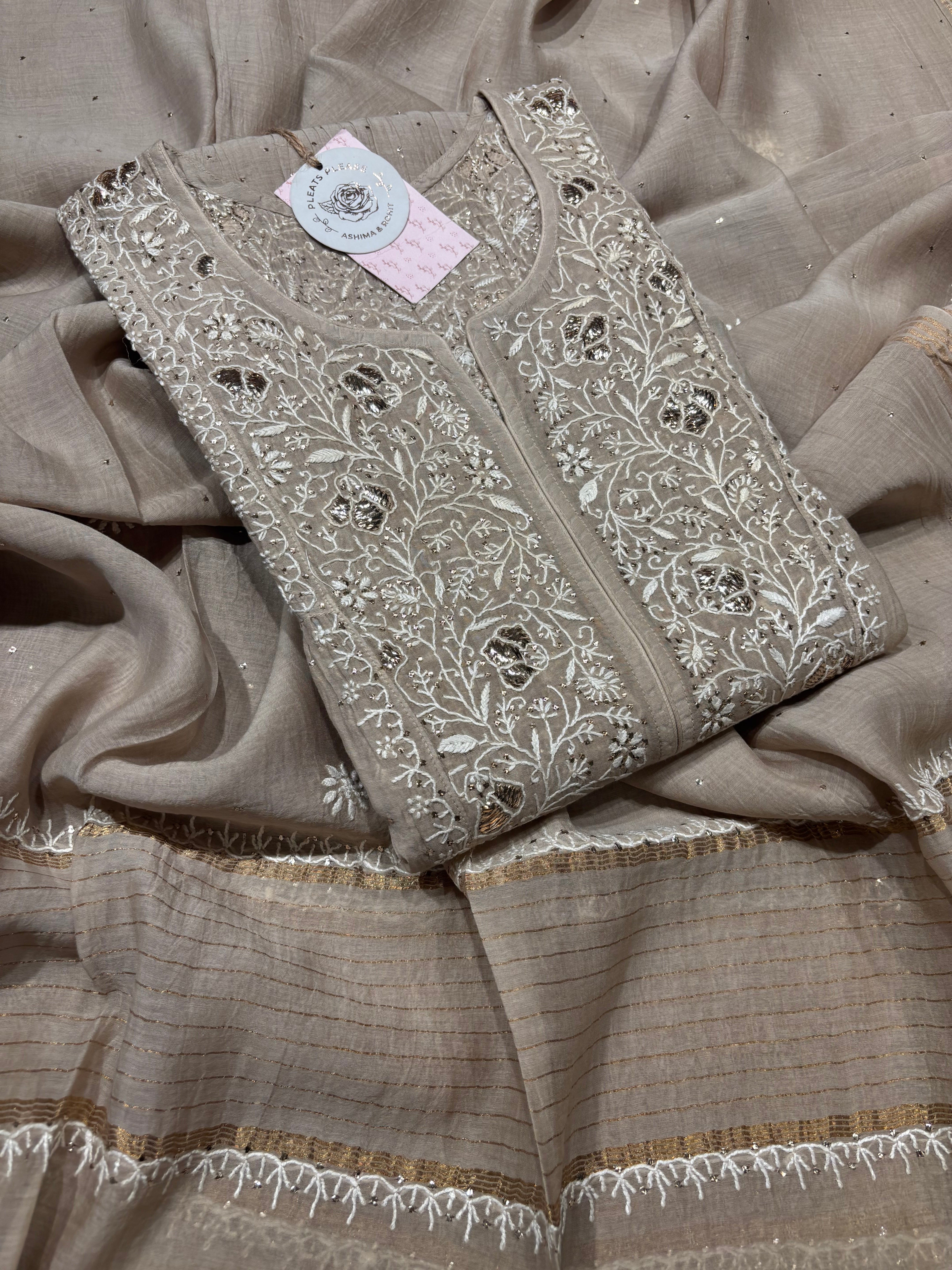 Mocha Mousse Chanderi Mul Chikankari Kurta and Dupatta set