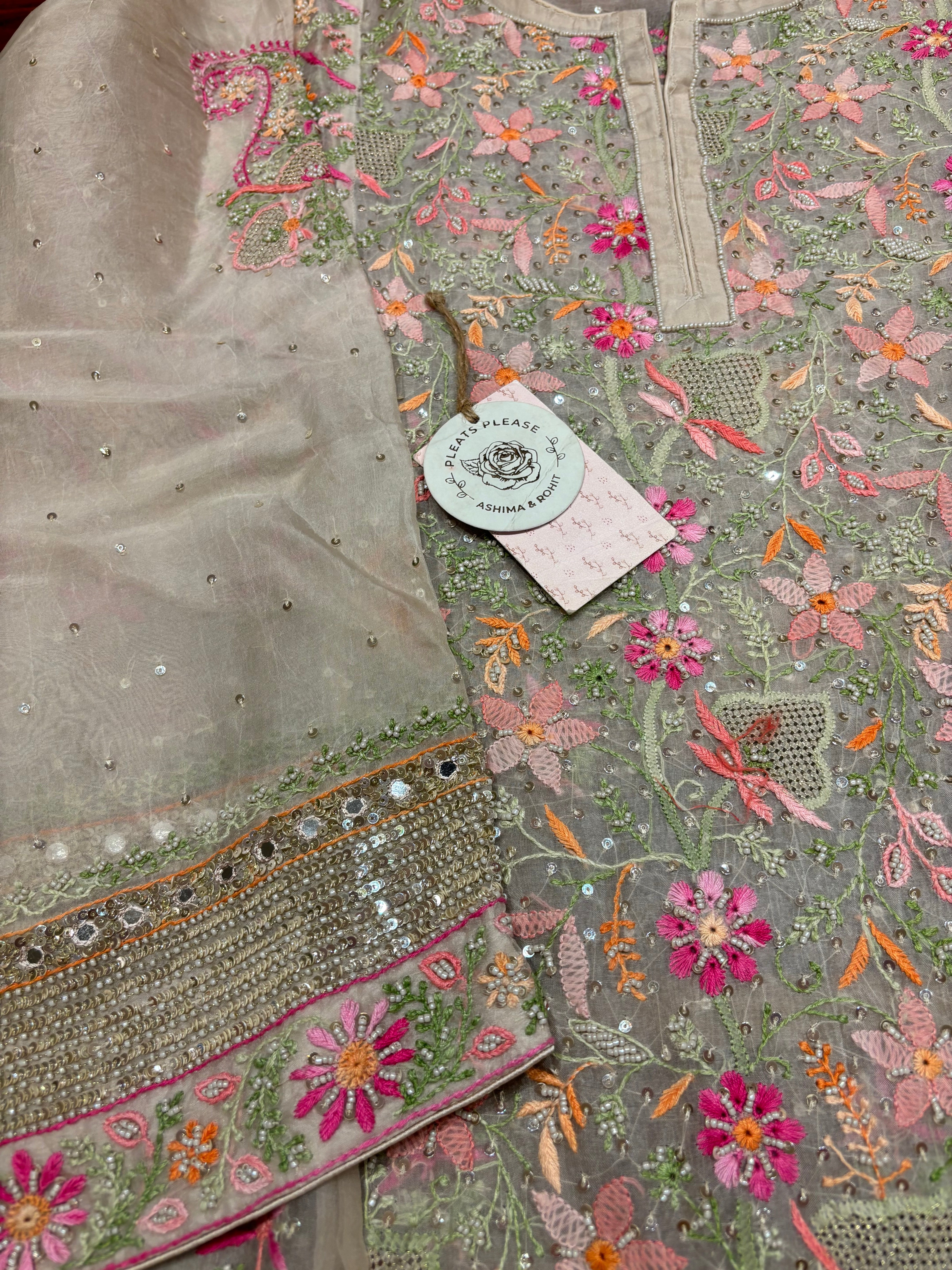 Nude Rose Organza Chikankari Anarkali And Dupatta