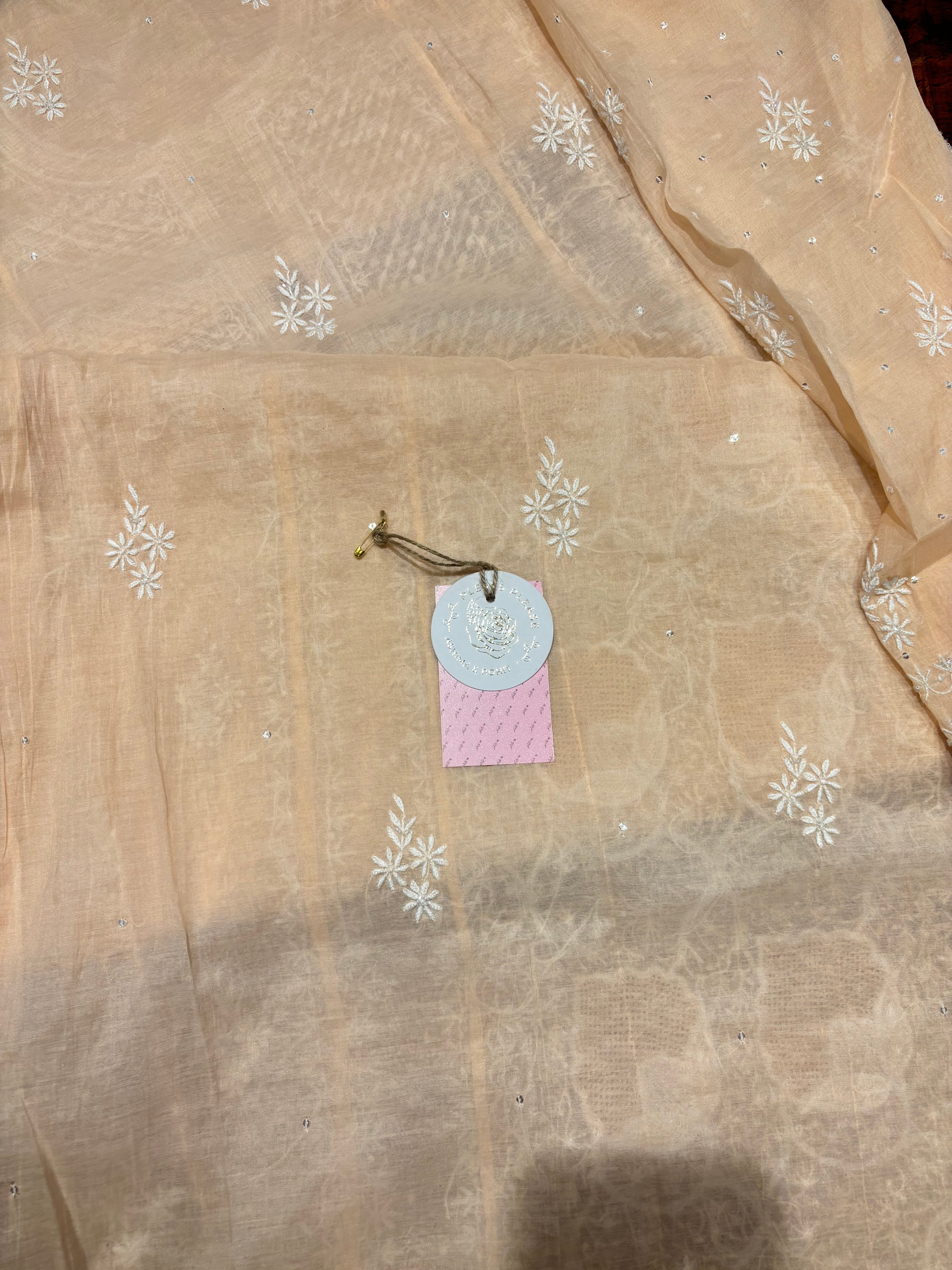 Soft Peach Chanderi Mul Chikankari Kurta and Dupatta Set
