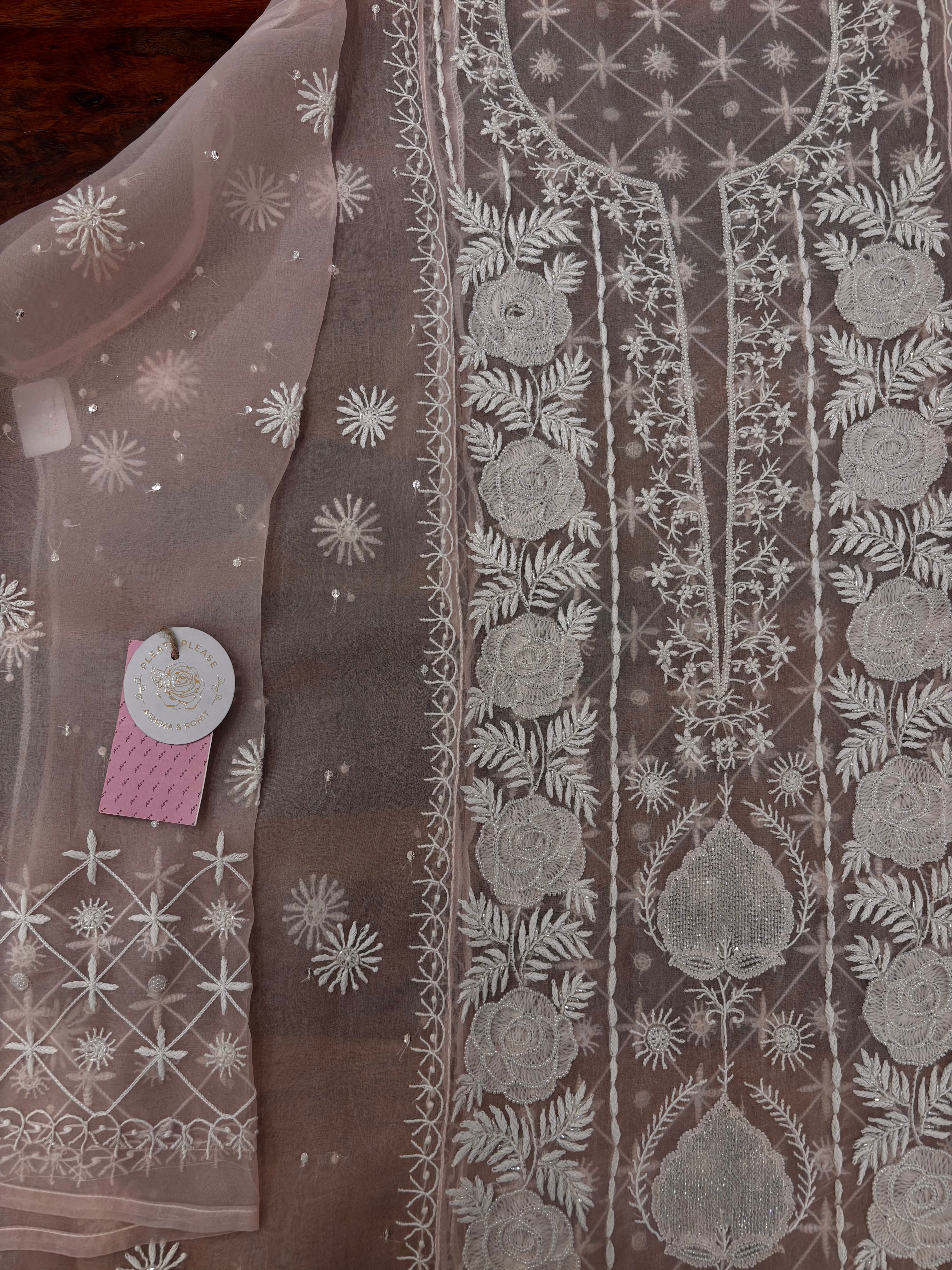 Baby Pink Pure Organza Chikankari Kurta & Dupatta - Pleats PleaseChikankari