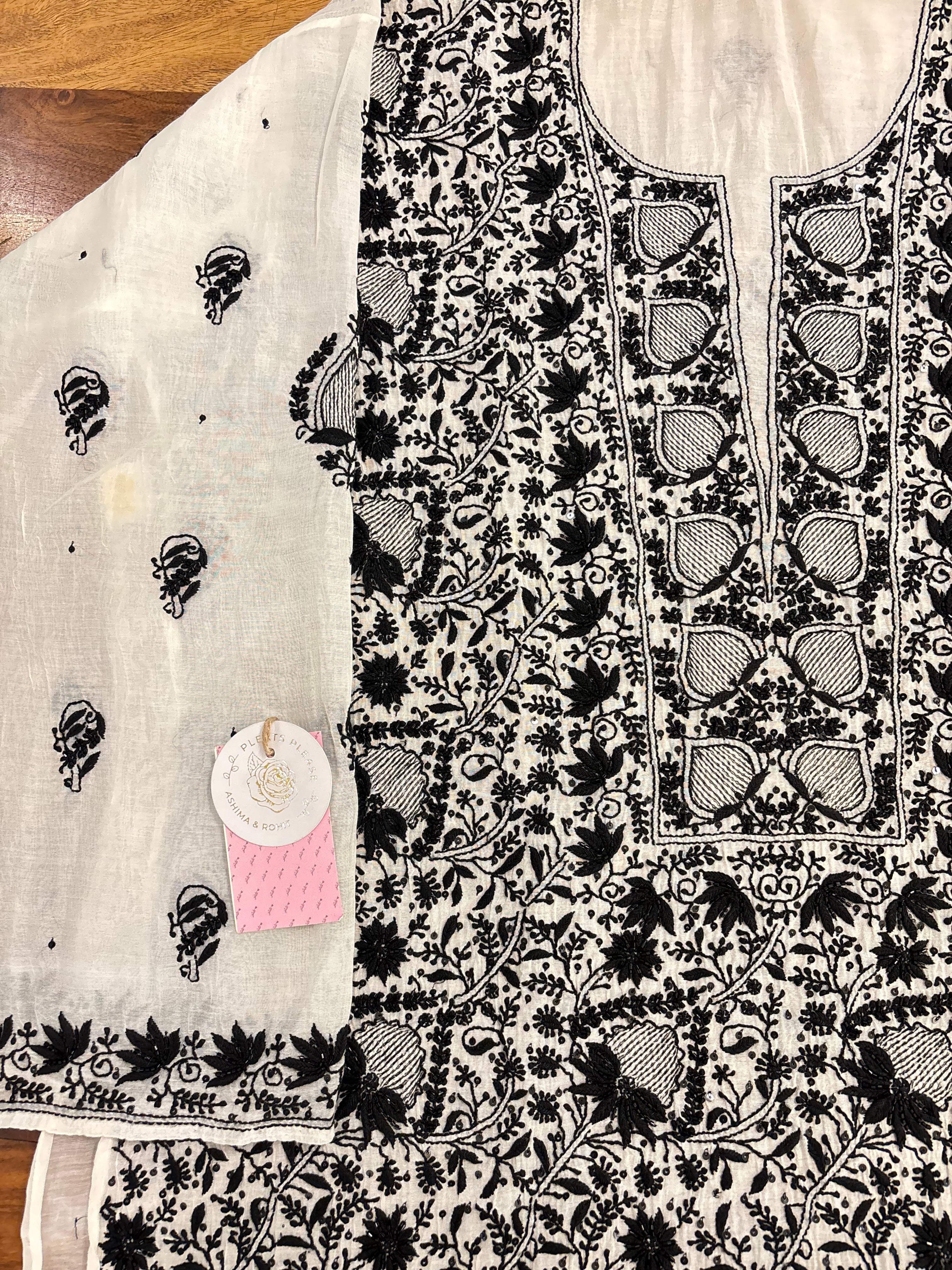 Dyeable Chanderi Black & White Chikankari Kurta & Dupatta