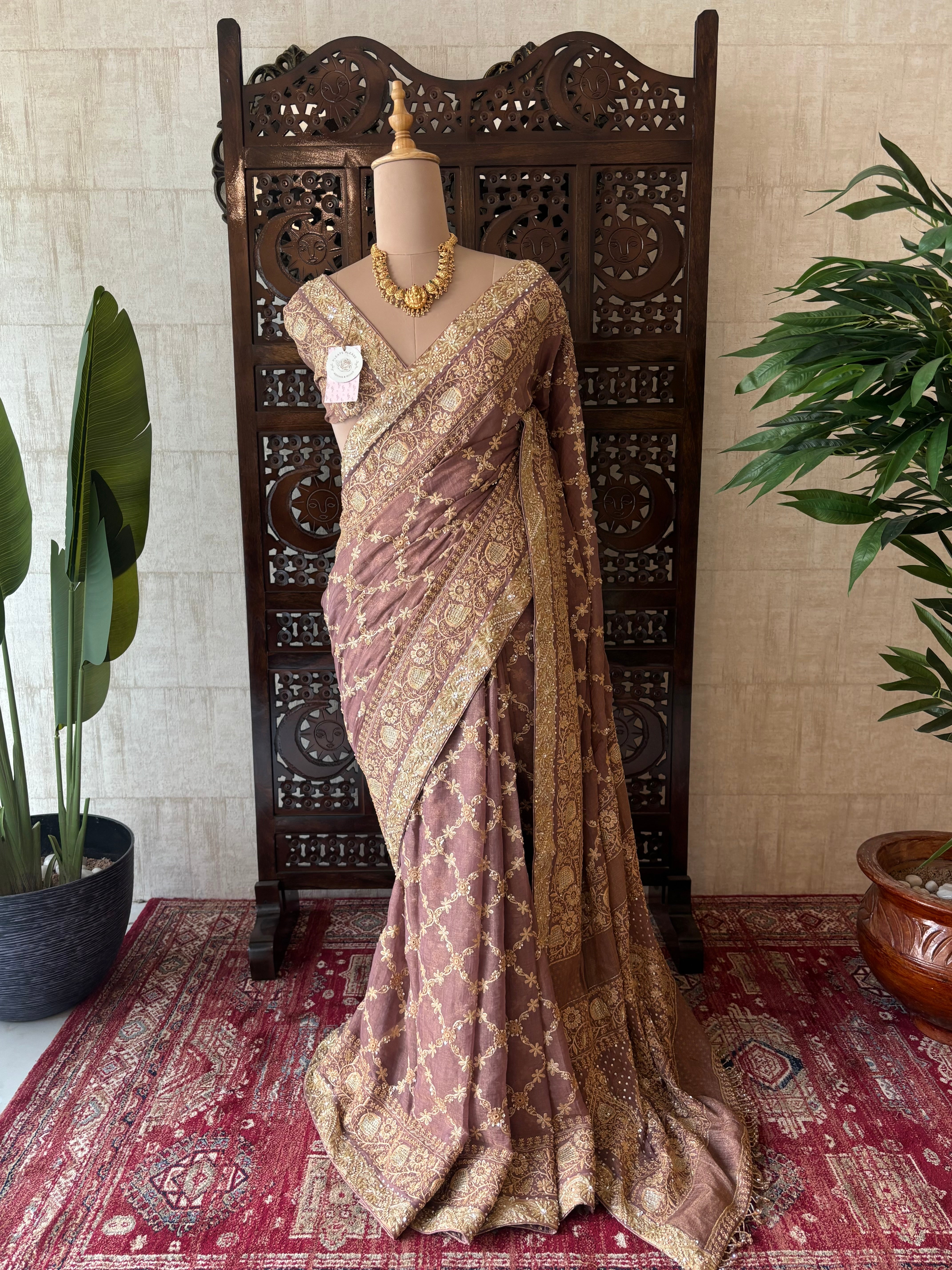 Garnet Pure & Premium Tissue Chikankari Saree and Blouse