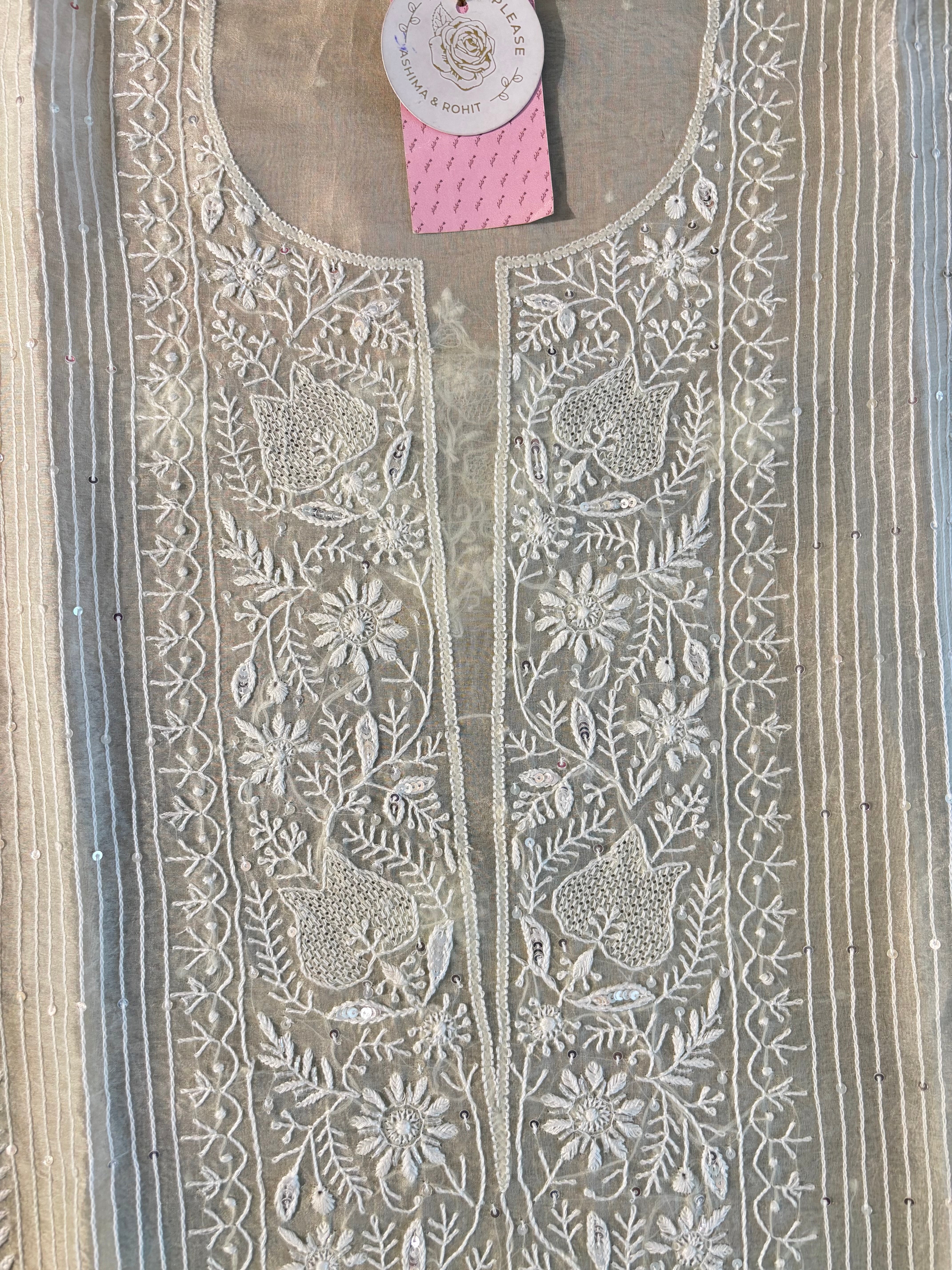 Pastel Sage Green Organza Chikankari Kurta & Dupatta
