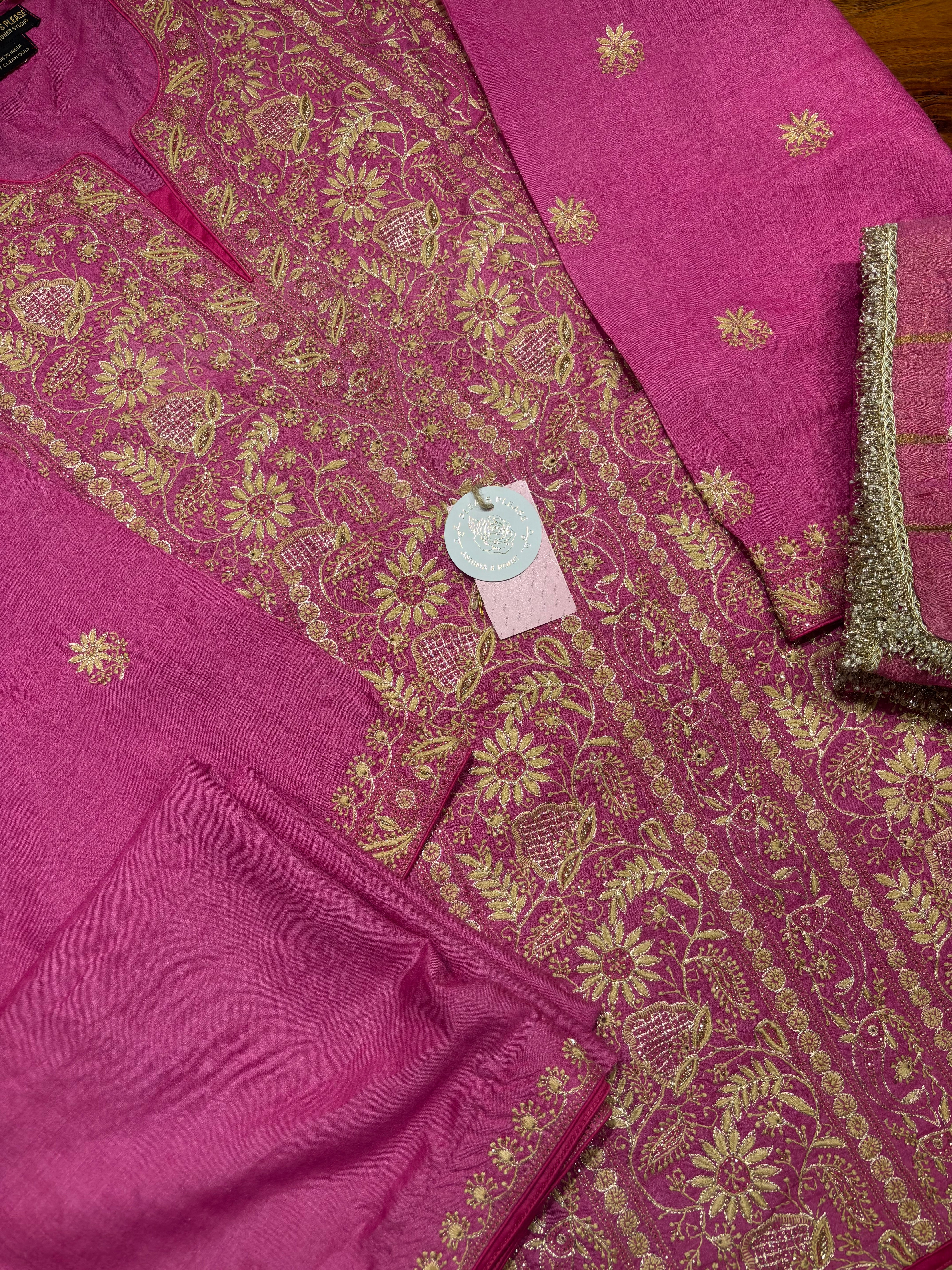 Magenta Pink Pure & Premium Monga Silk Chikankari Kurta, Dupatta & Bottom Fabric
