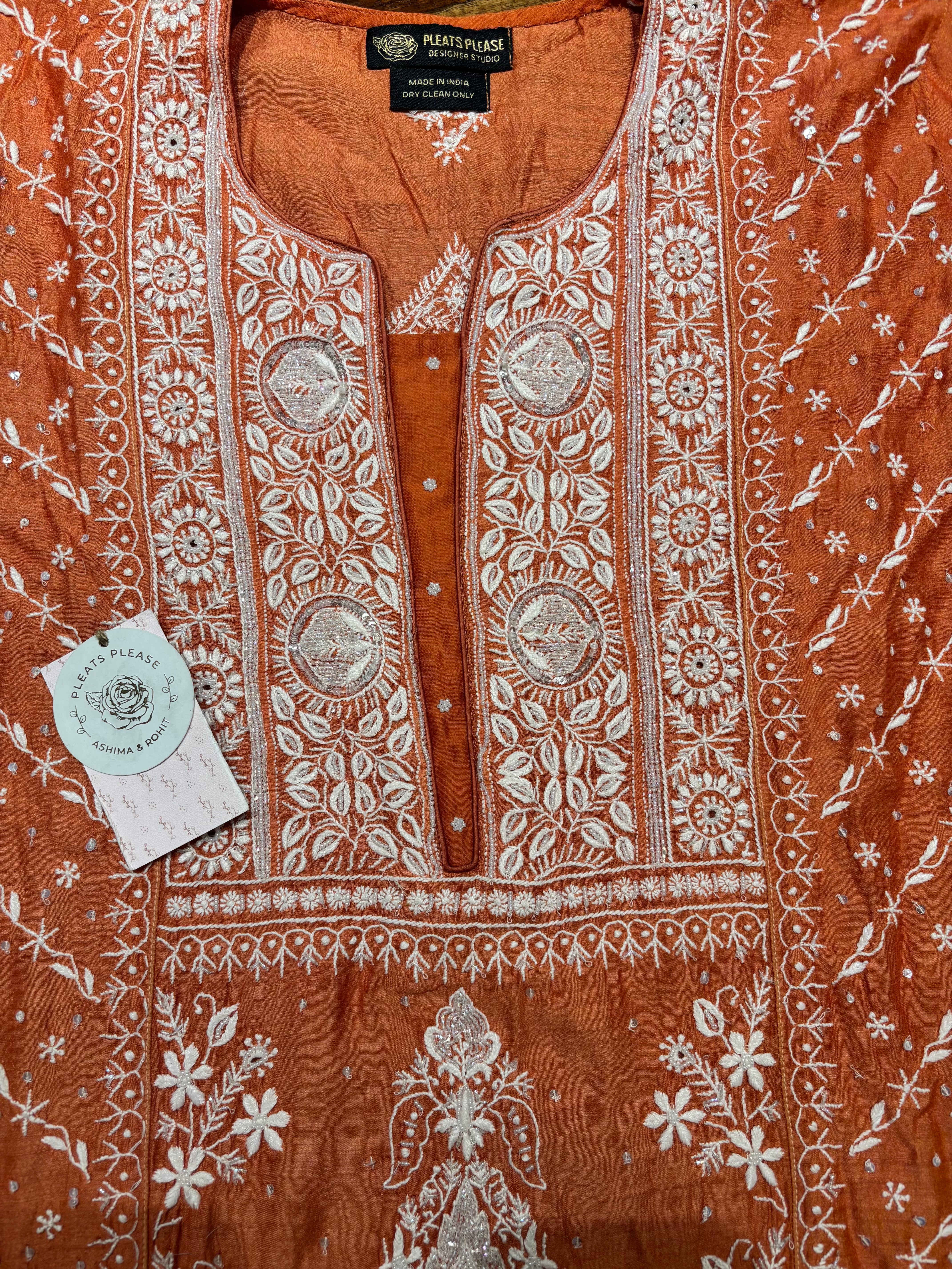 Burnt Orange Monga Silk Chikankari Kurta And Dupatta Set