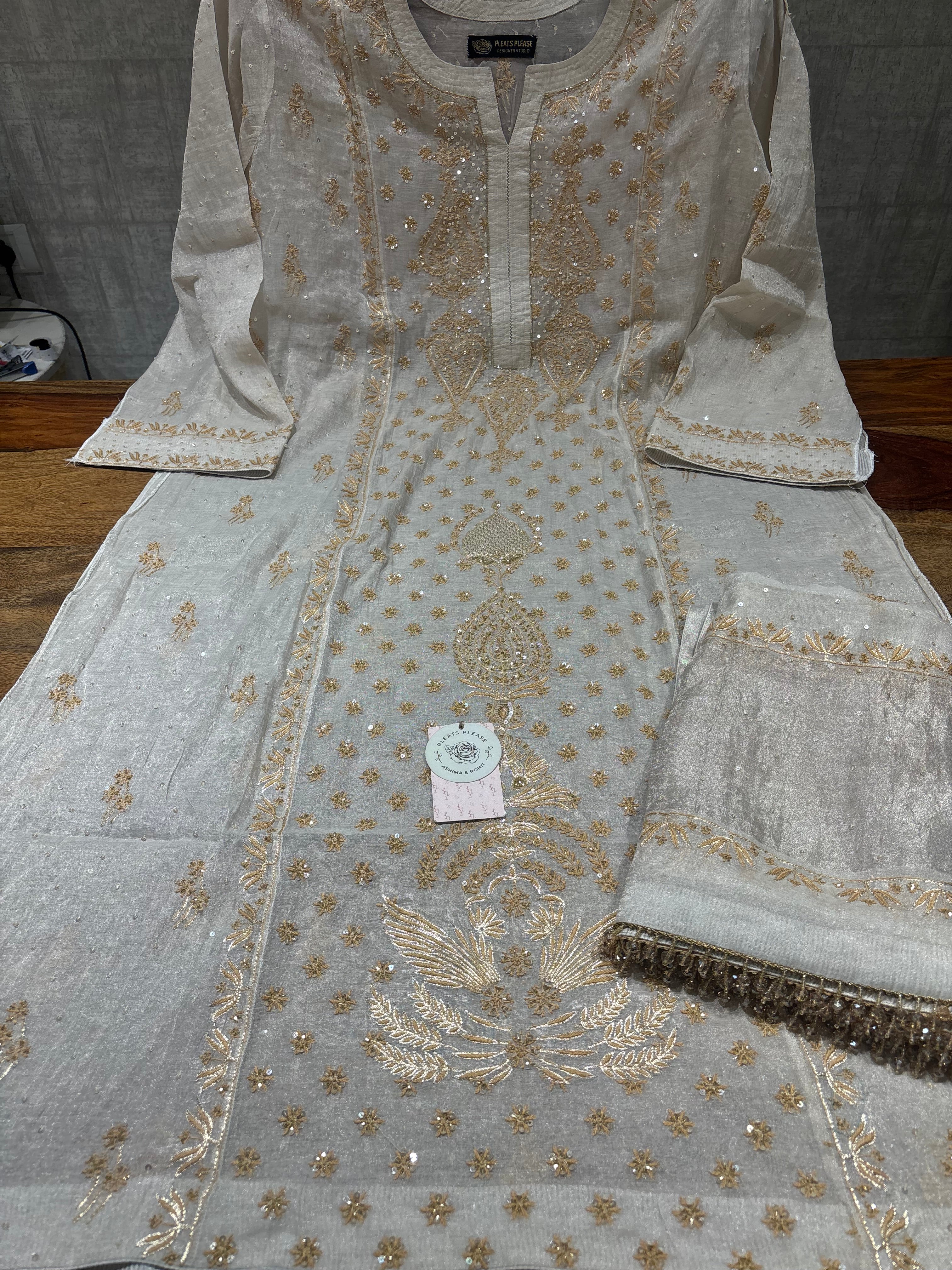 Dyeable Pure & Premium Silver Tissue Chikankari Kurta & Dupatta Set