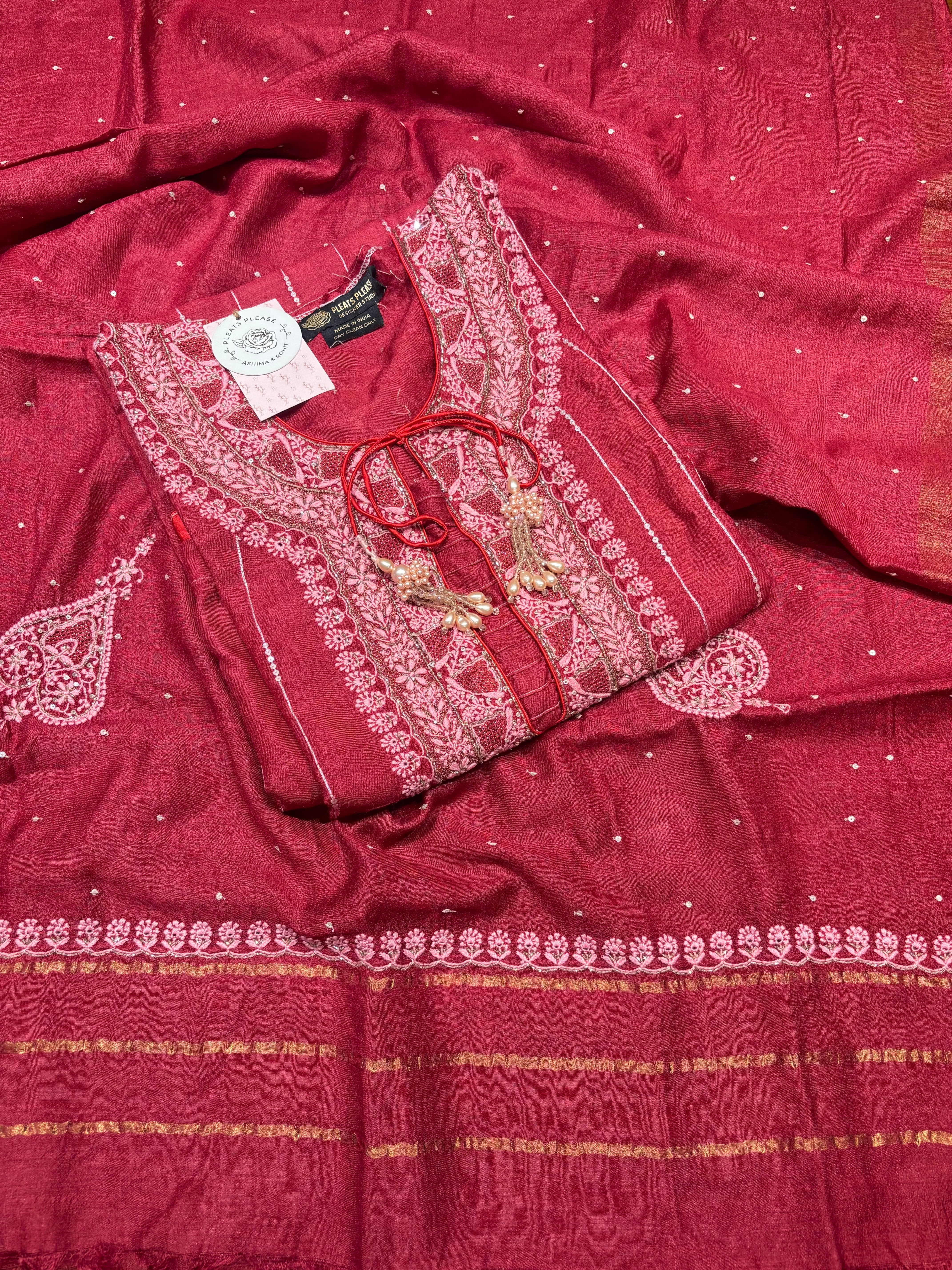 Red Monga Silk Chikankari Kurta & Dupatta Set