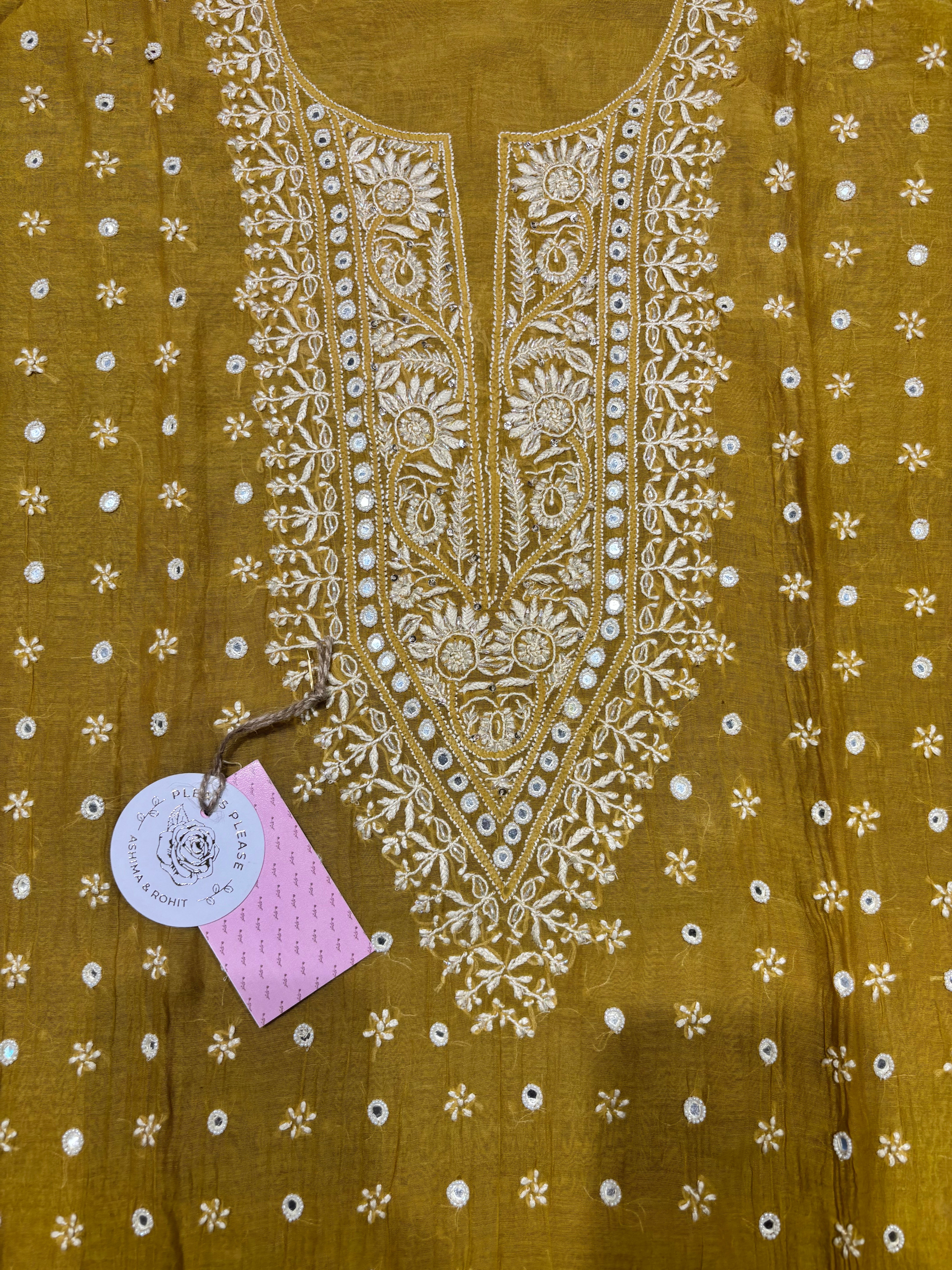 Mustard Chanderi Mul Chikankari Kurta and Dupatta Set