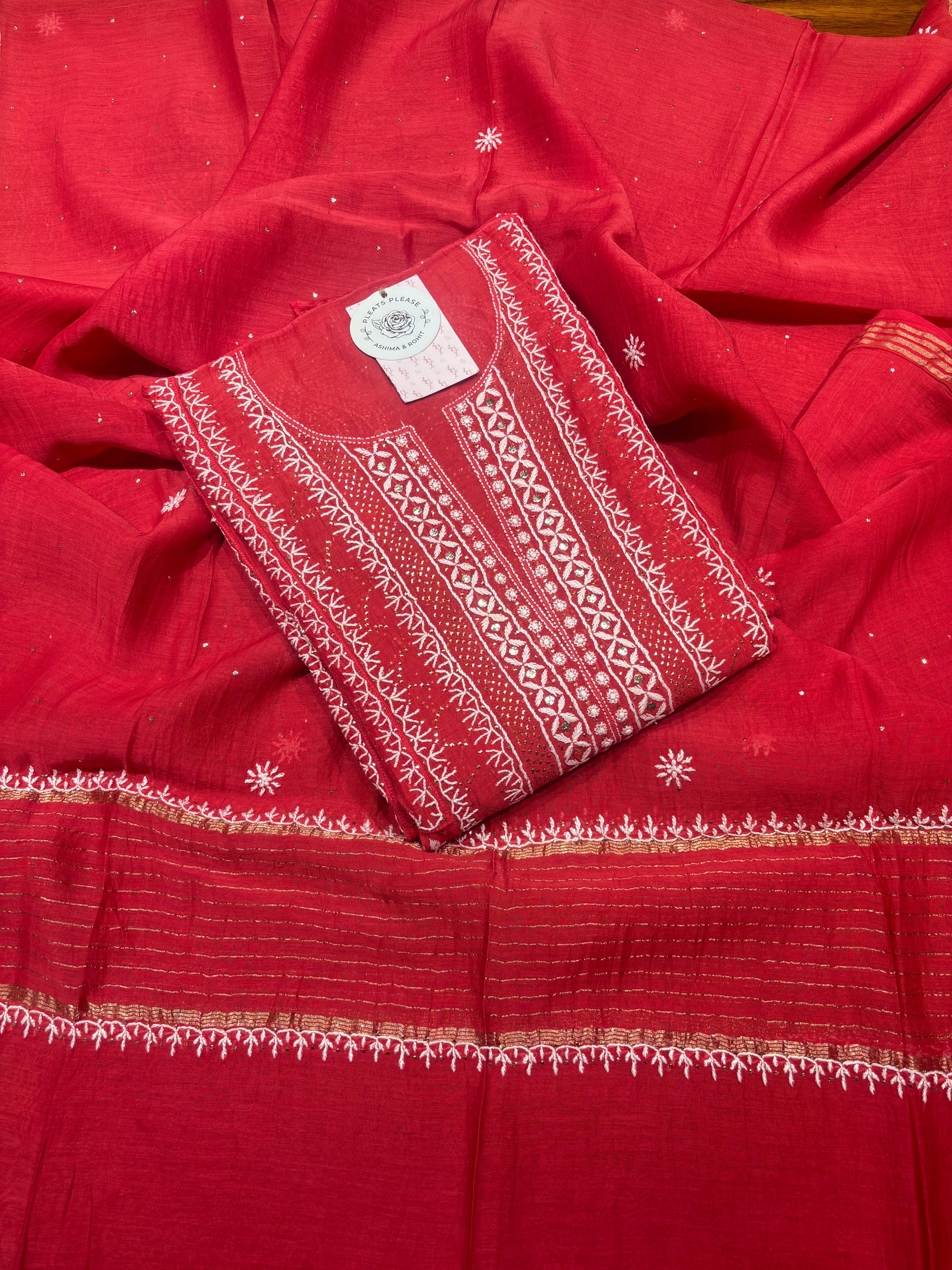 Red Chanderi Mul Chikankari & Mukaish Anarkali & Dupatta Set