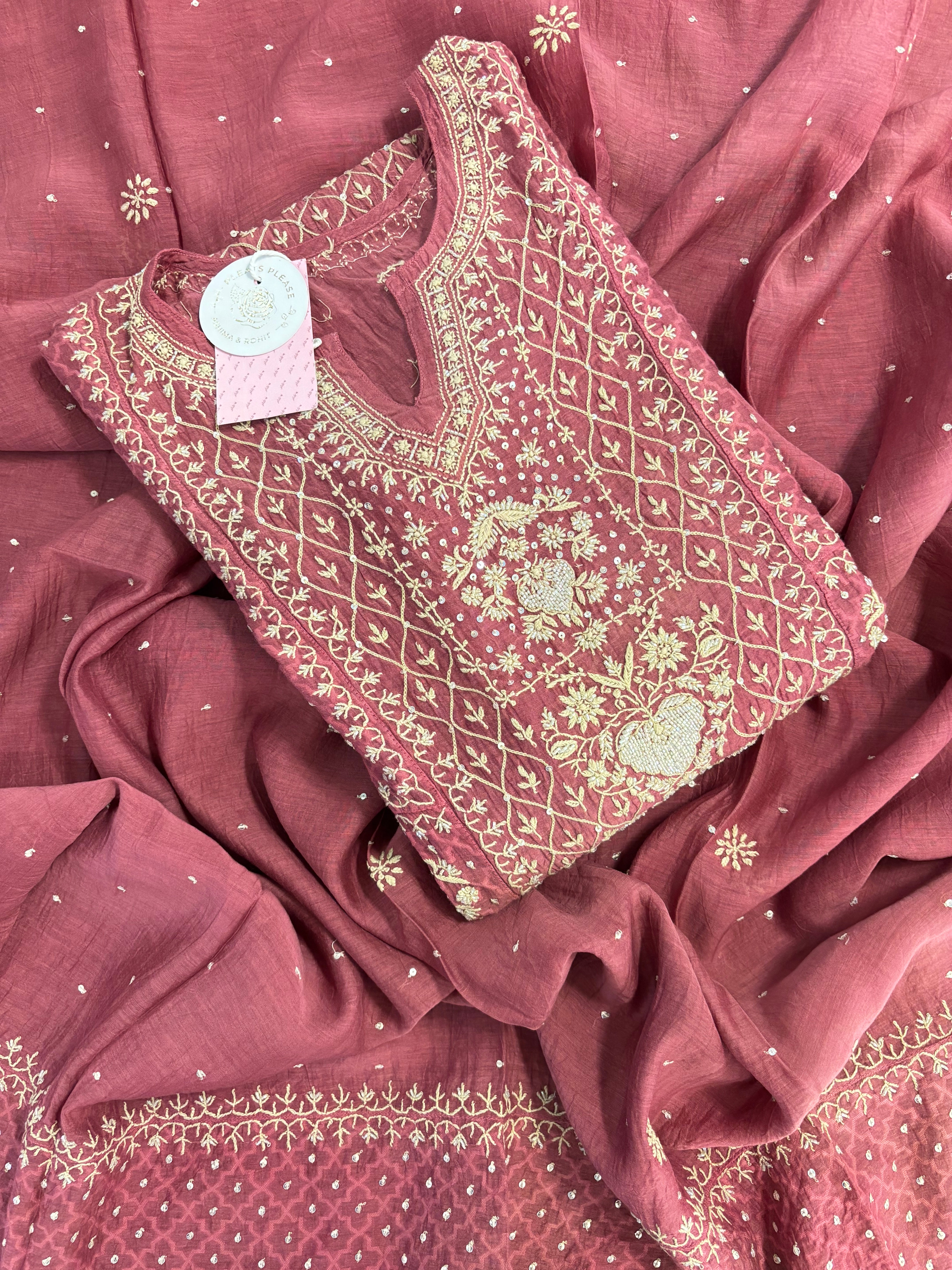 Maroon Chanderi Mul Chikankari Anarkali & Dupatta Set