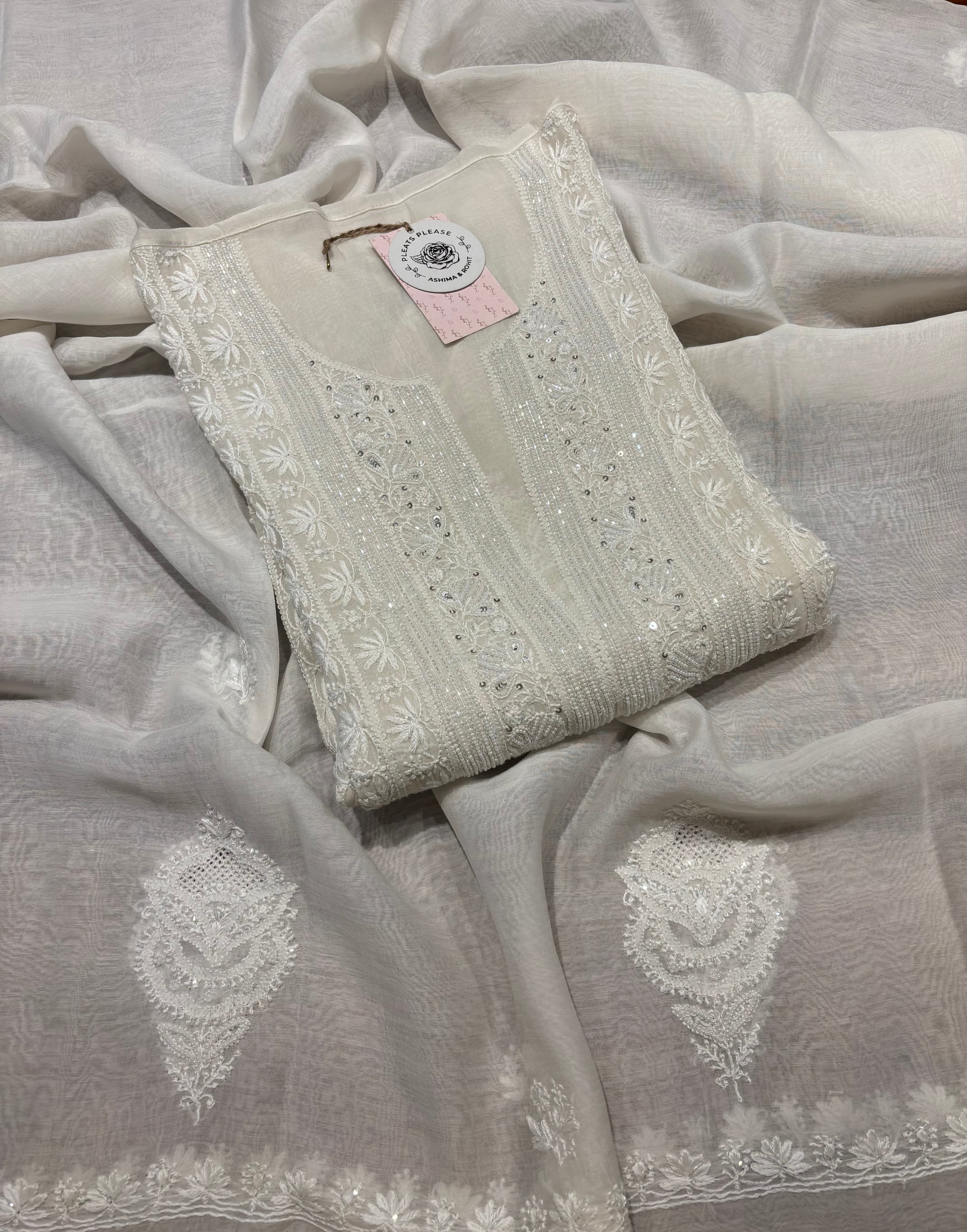 Dyeable Chanderi Mul Chikankari Kurta & Dupatta Set