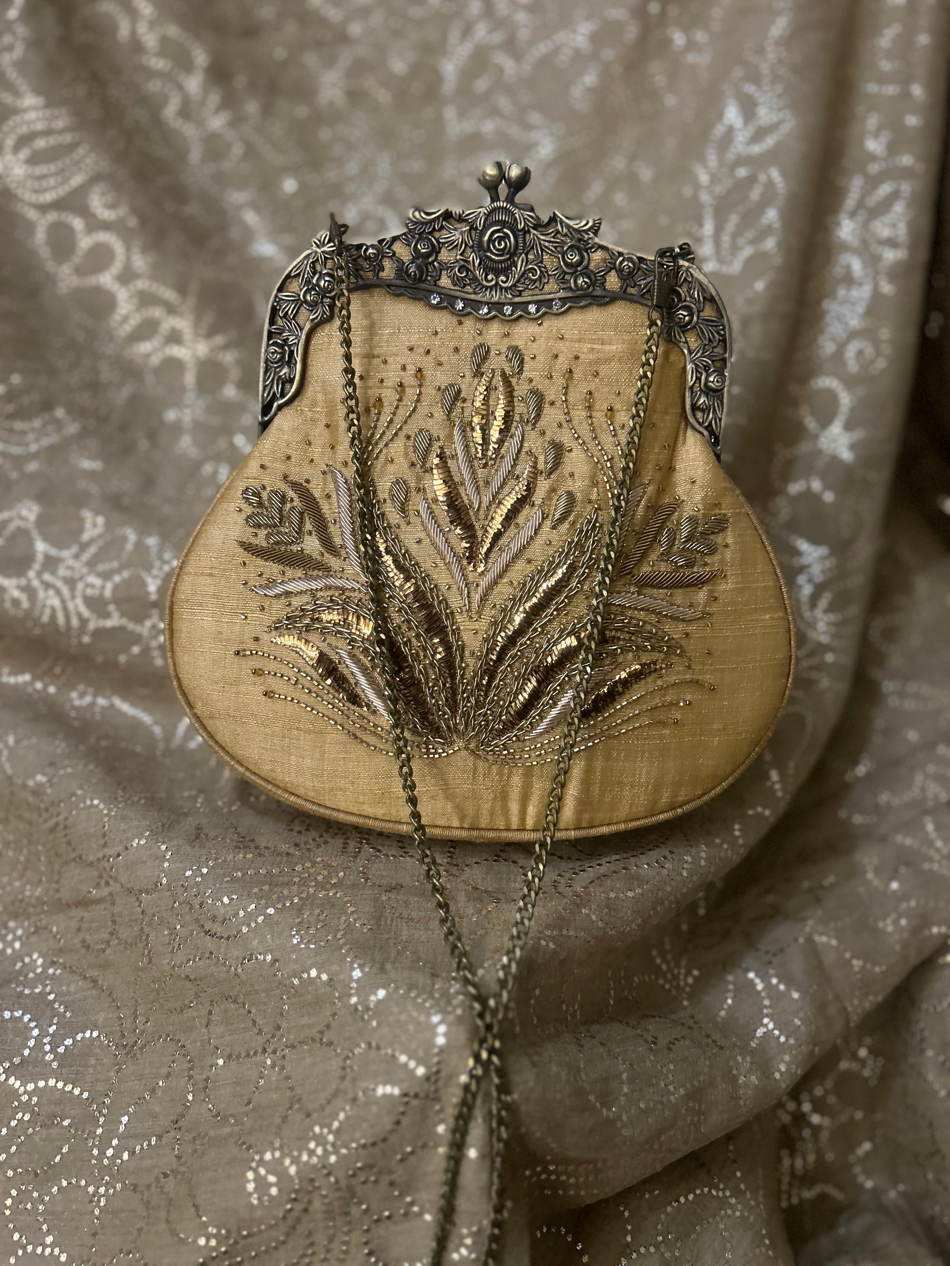 Beige Zardozi Mukaish Clutch Bag