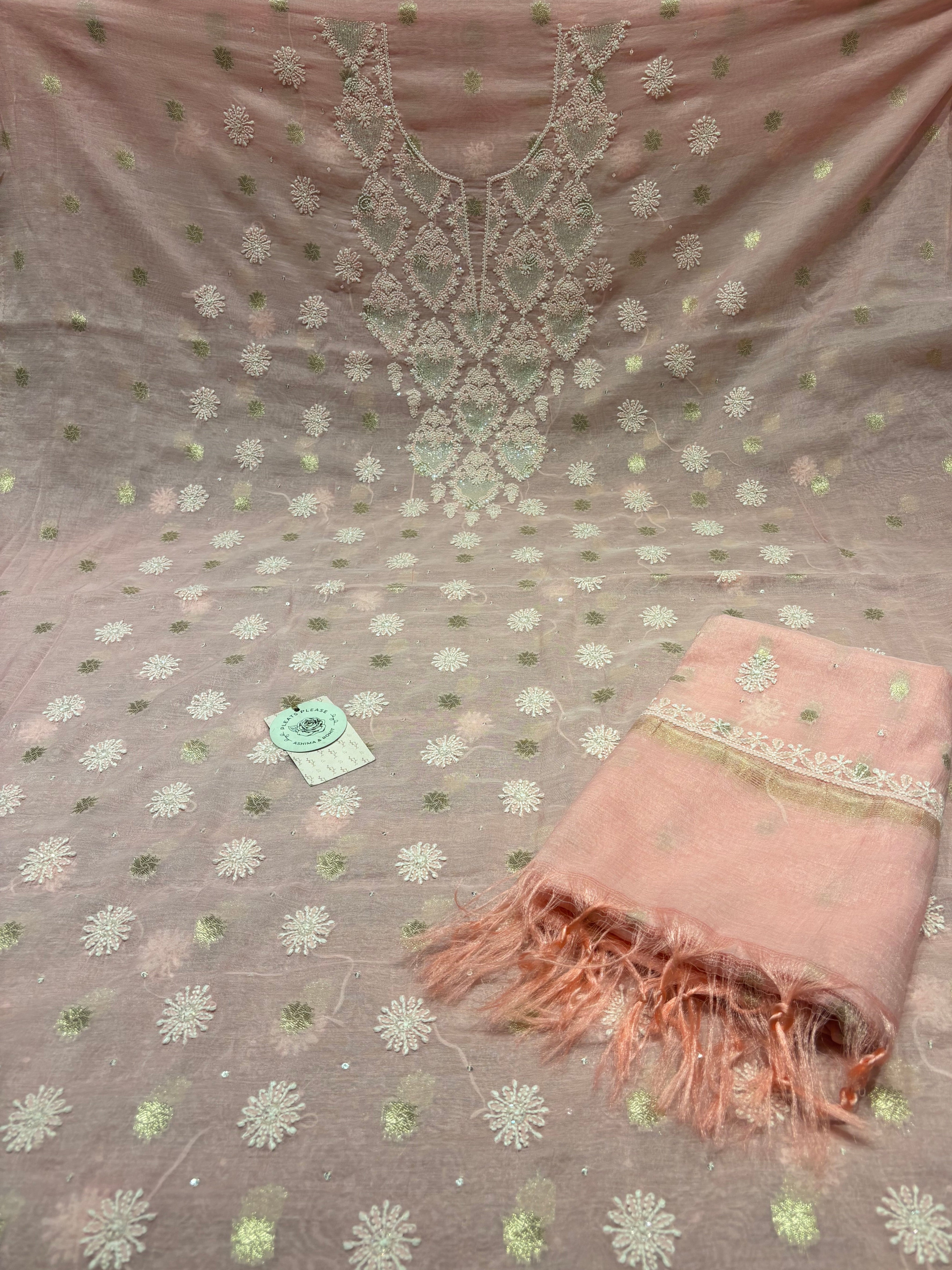 Pink Chanderi Silk Chikankari Kurta & Dupatta Fabric