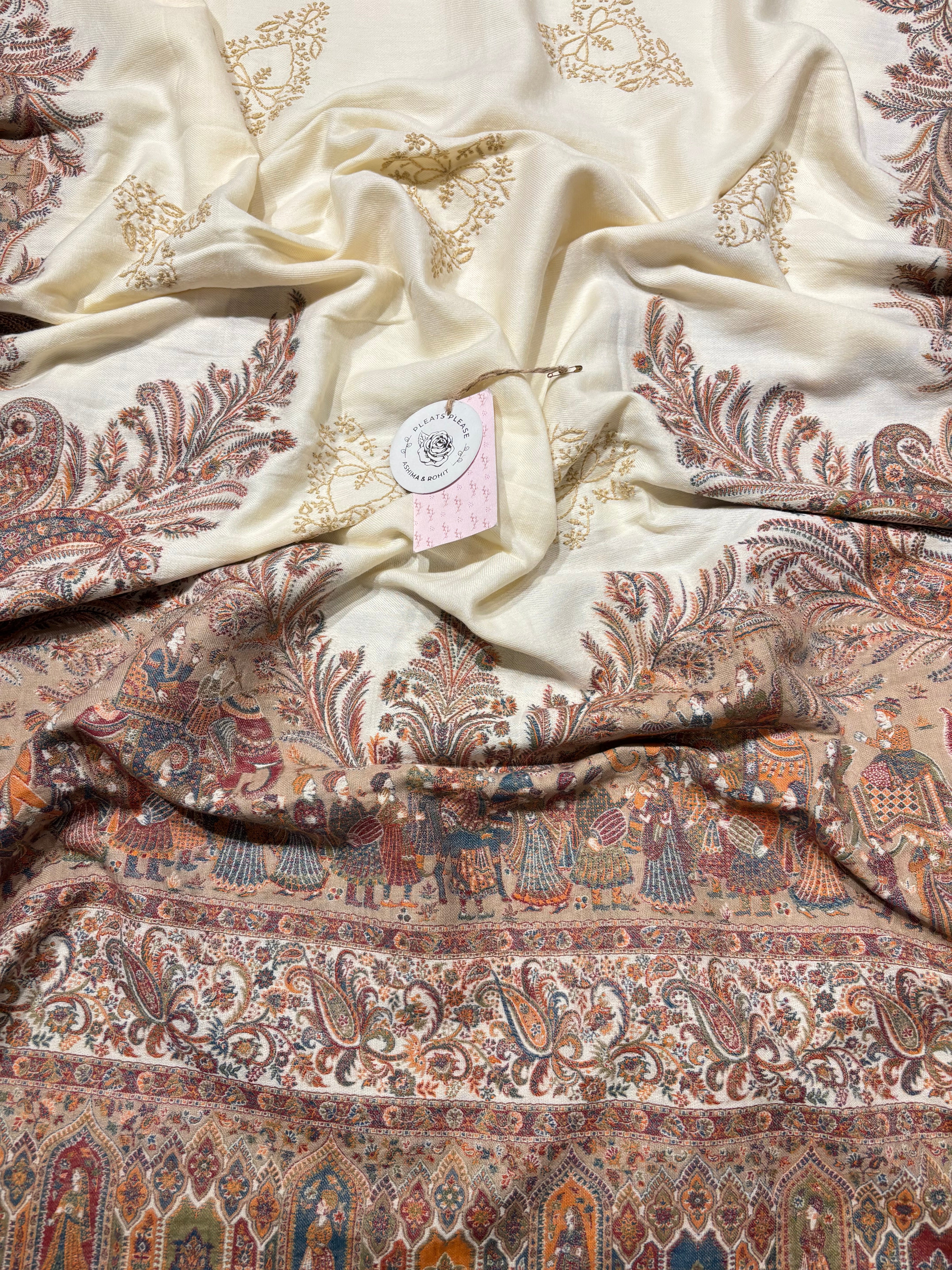 Pearl Bush Woollen Cashmere Chikankari Shawl
