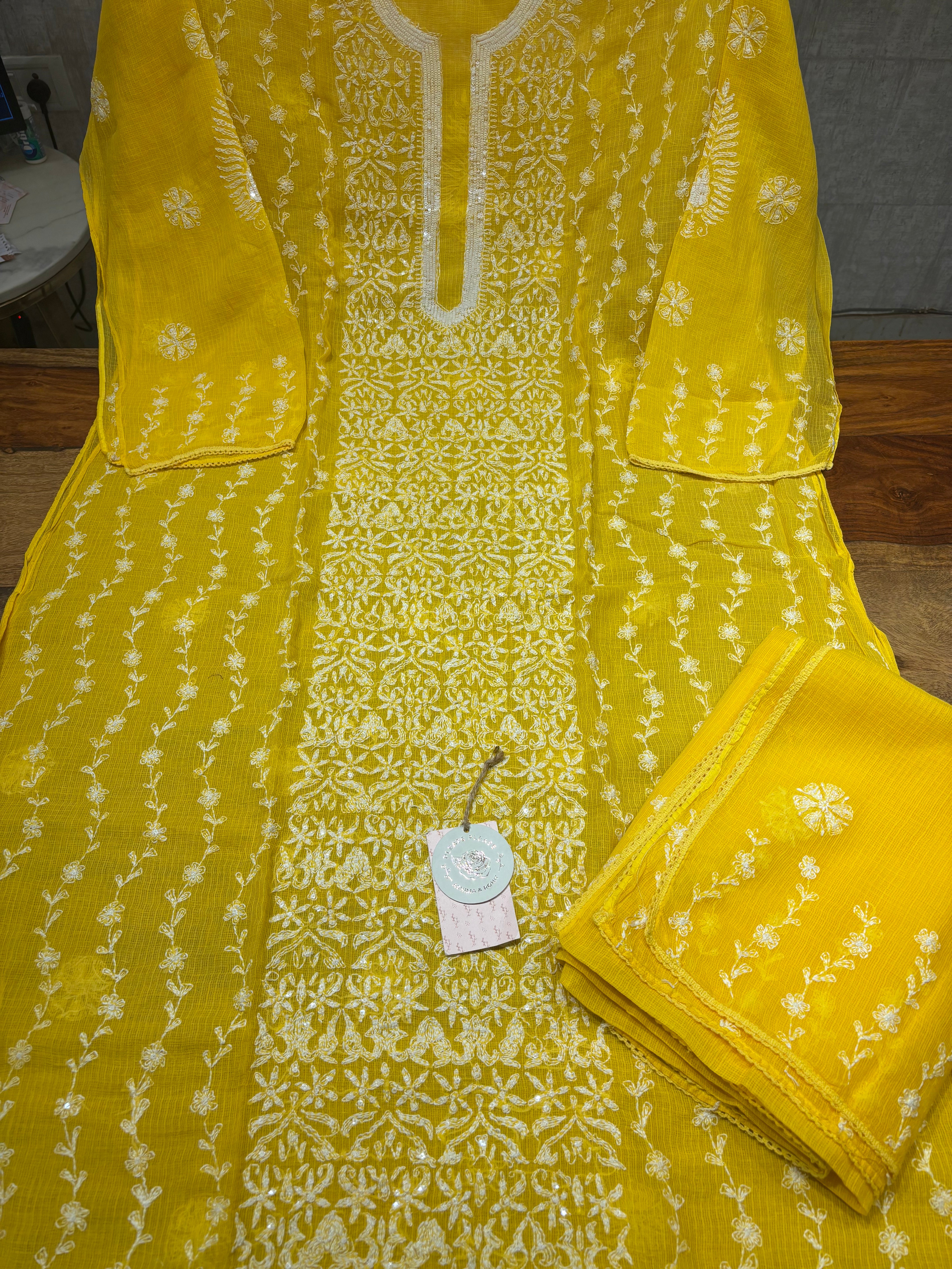 Yellow Kota Doria Chikankari Kurta and Dupatta