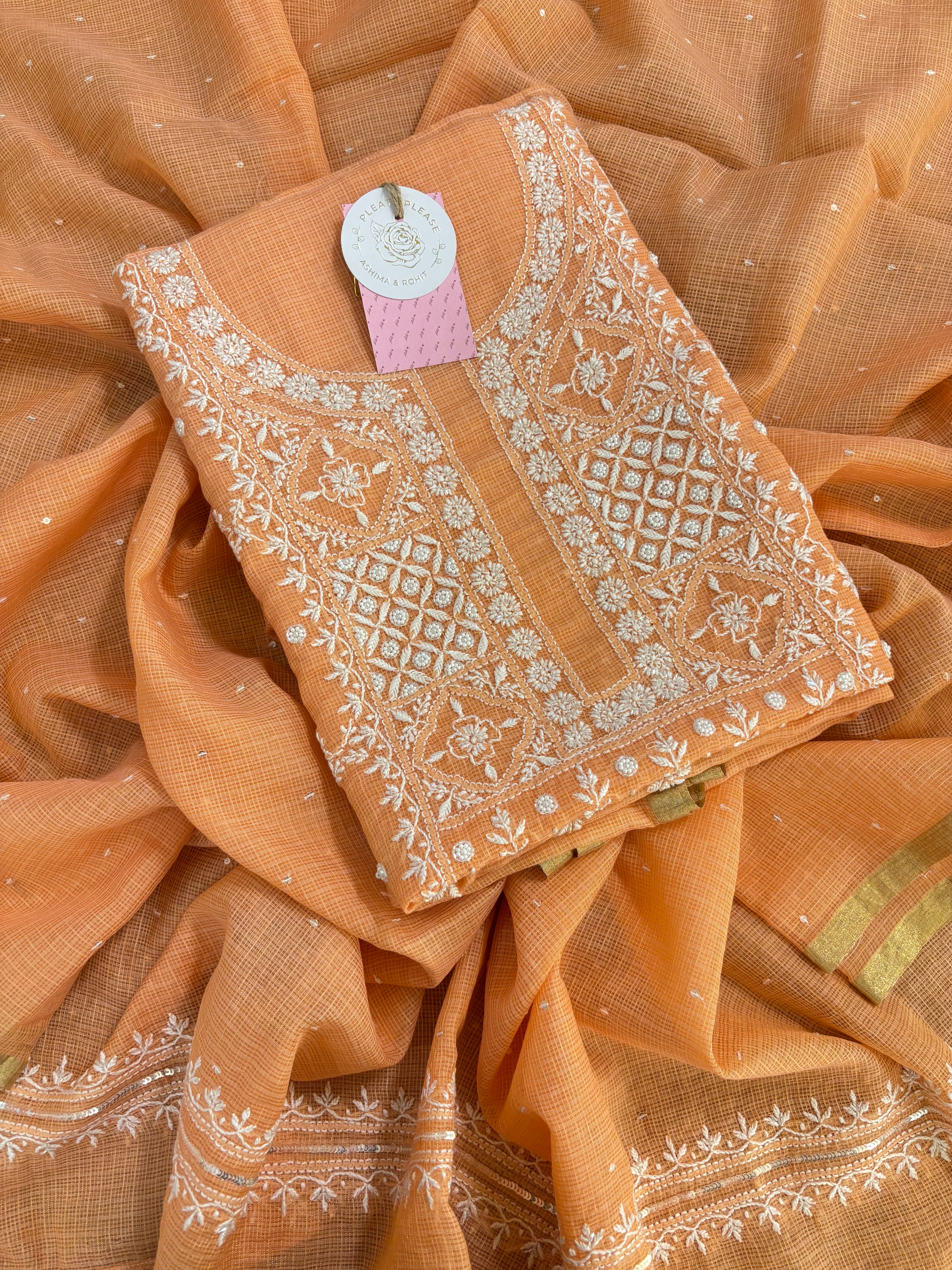 Peach Kota Doria Chikankari Kurta & Dupatta