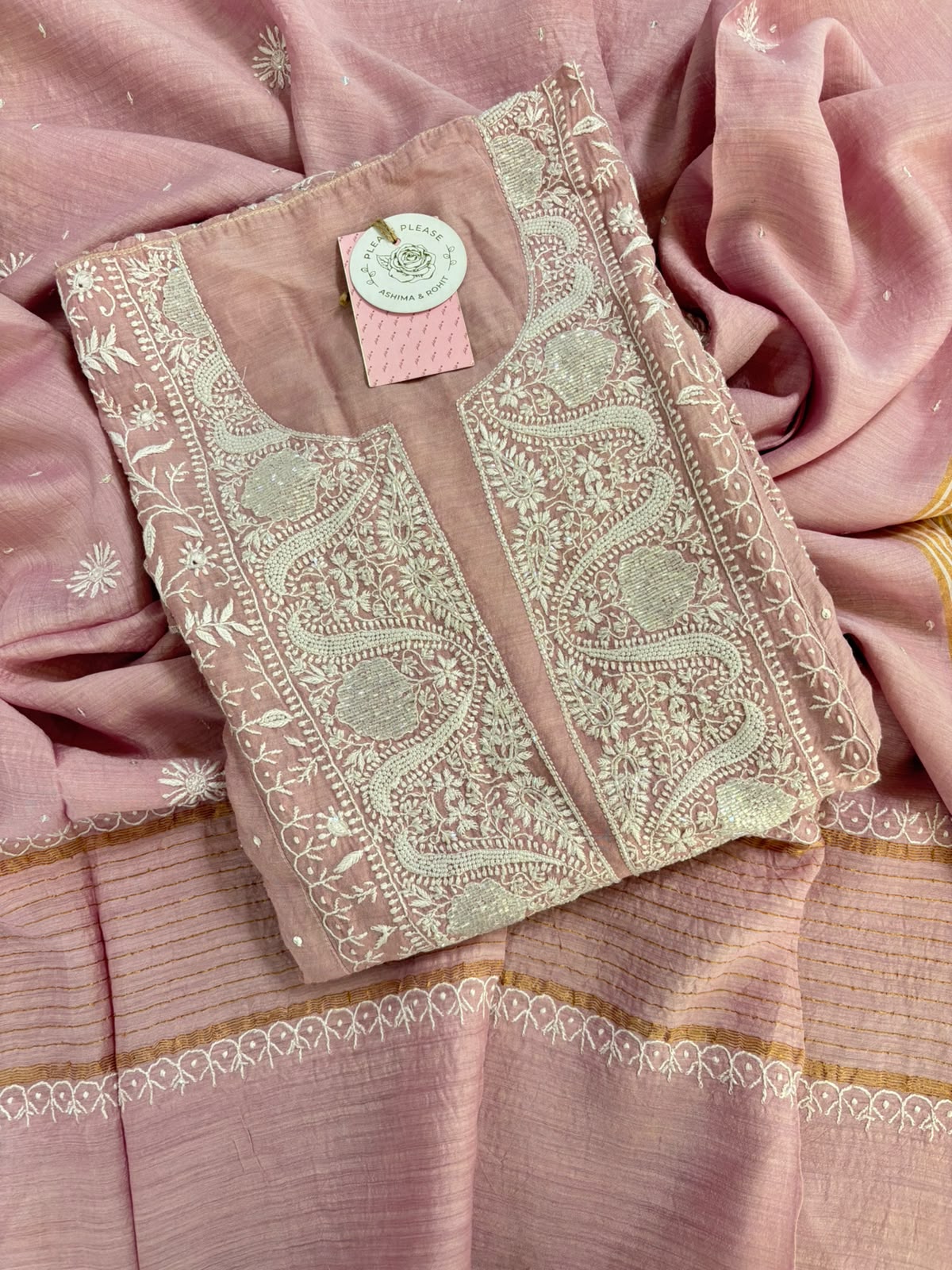 Baby Pink Pure Monga Silk Chikankari Anarakli & Dupatta